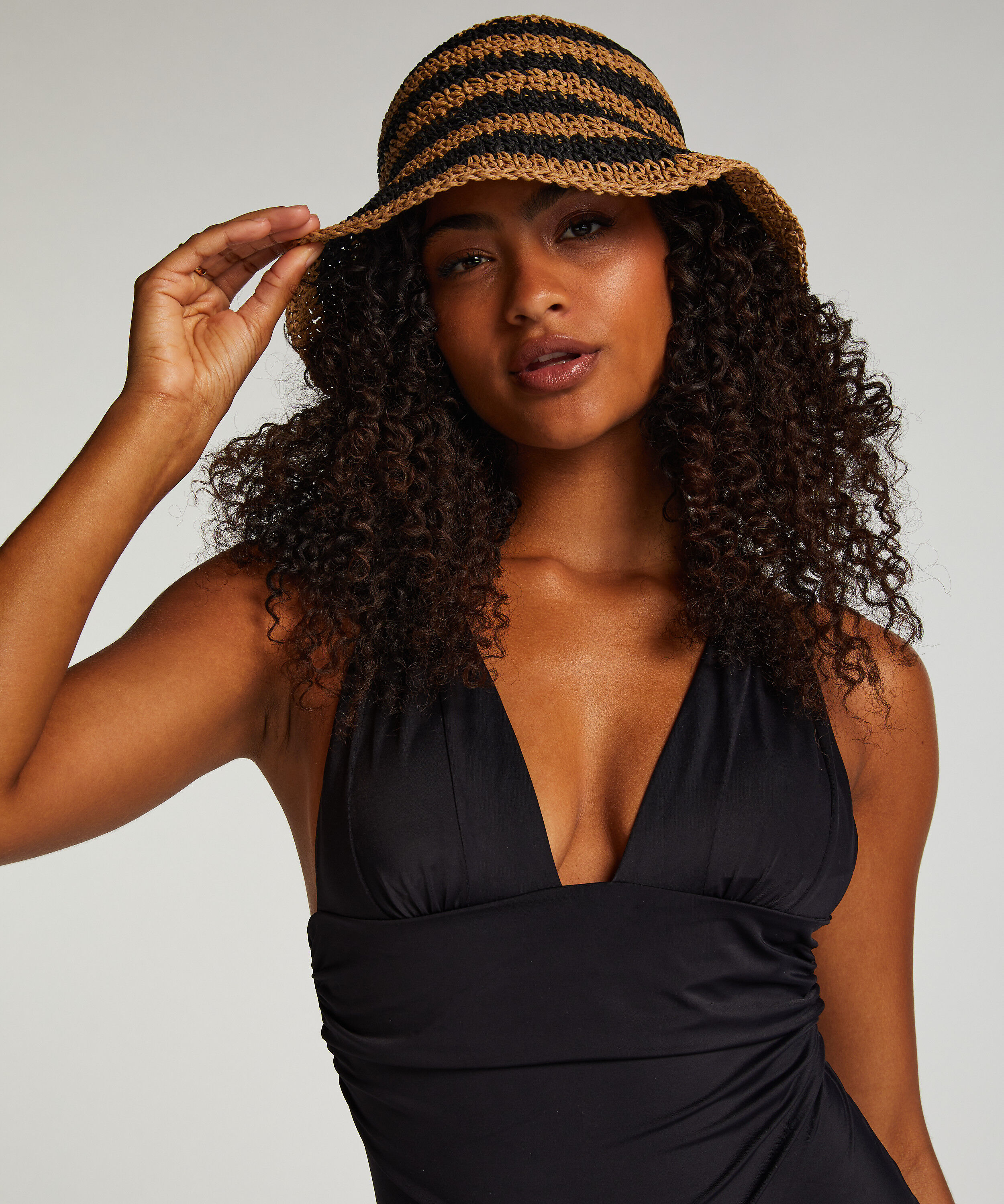 Gestreepte Strooien Bucket Hat, Zwart