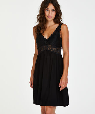 Slipdress Modal lace, Zwart