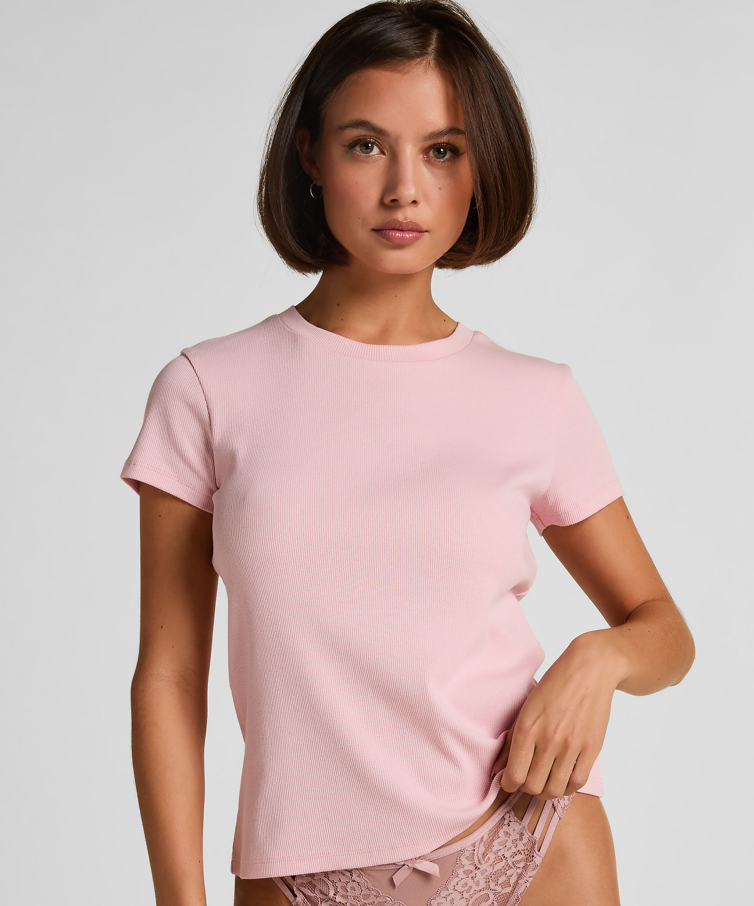 Pyjama top korte mouwen rib, Roze