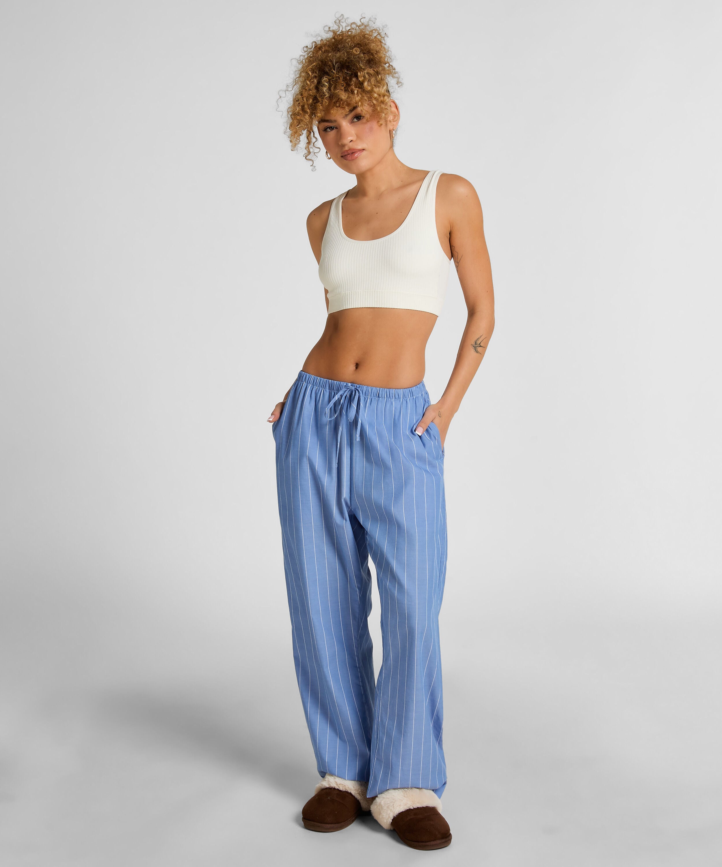 Geweven katoenen broek met streep, Blauw Geweven katoenen broek met streep, Blauw