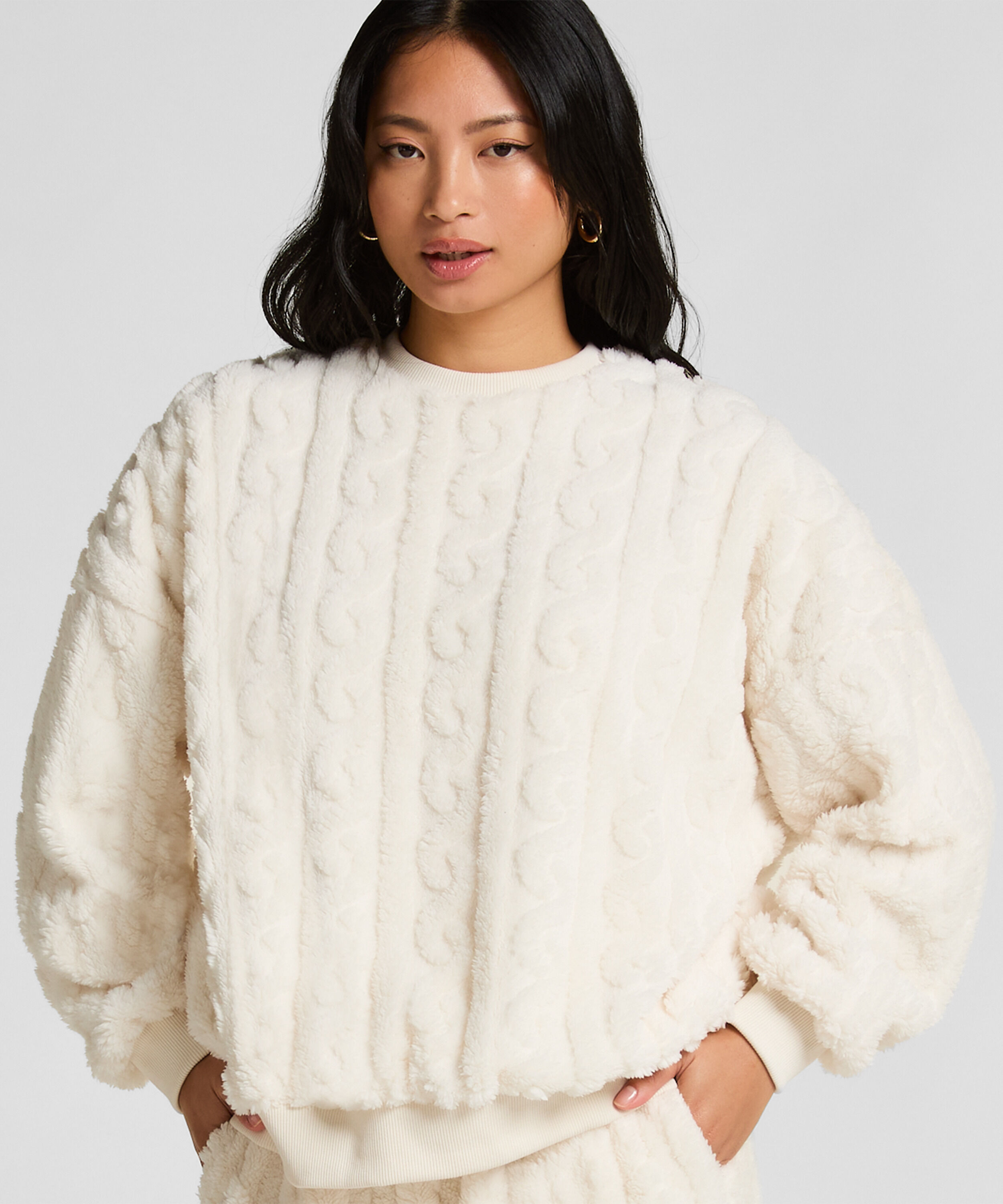 Fleece top met kabelontwerp, Wit Fleece top met kabelontwerp, Wit