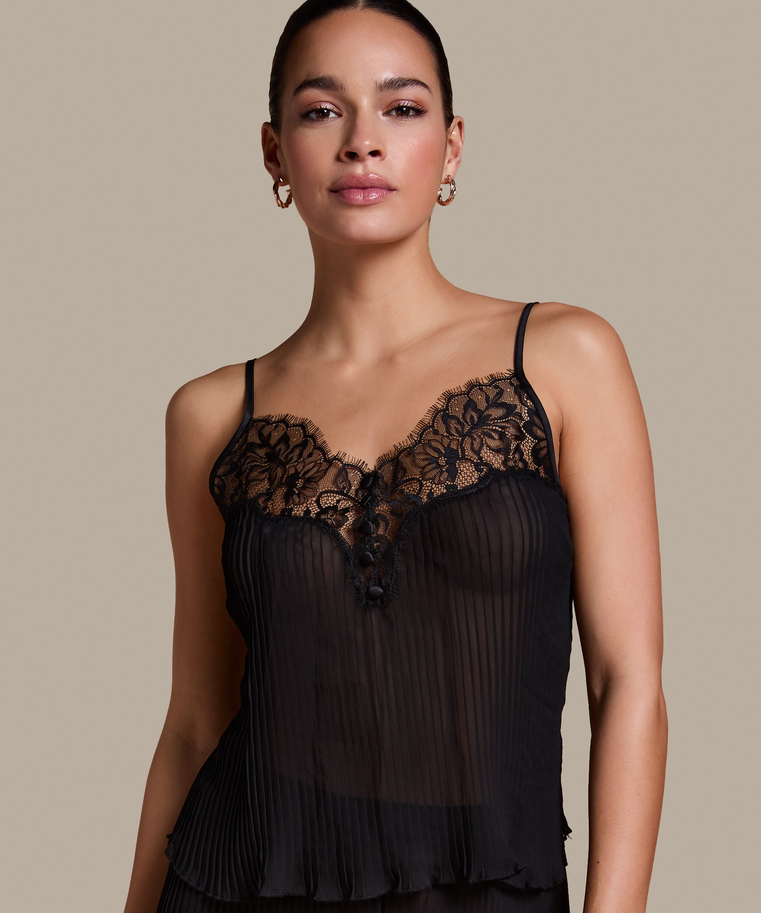 Plisse Lace  Cami, Zwart