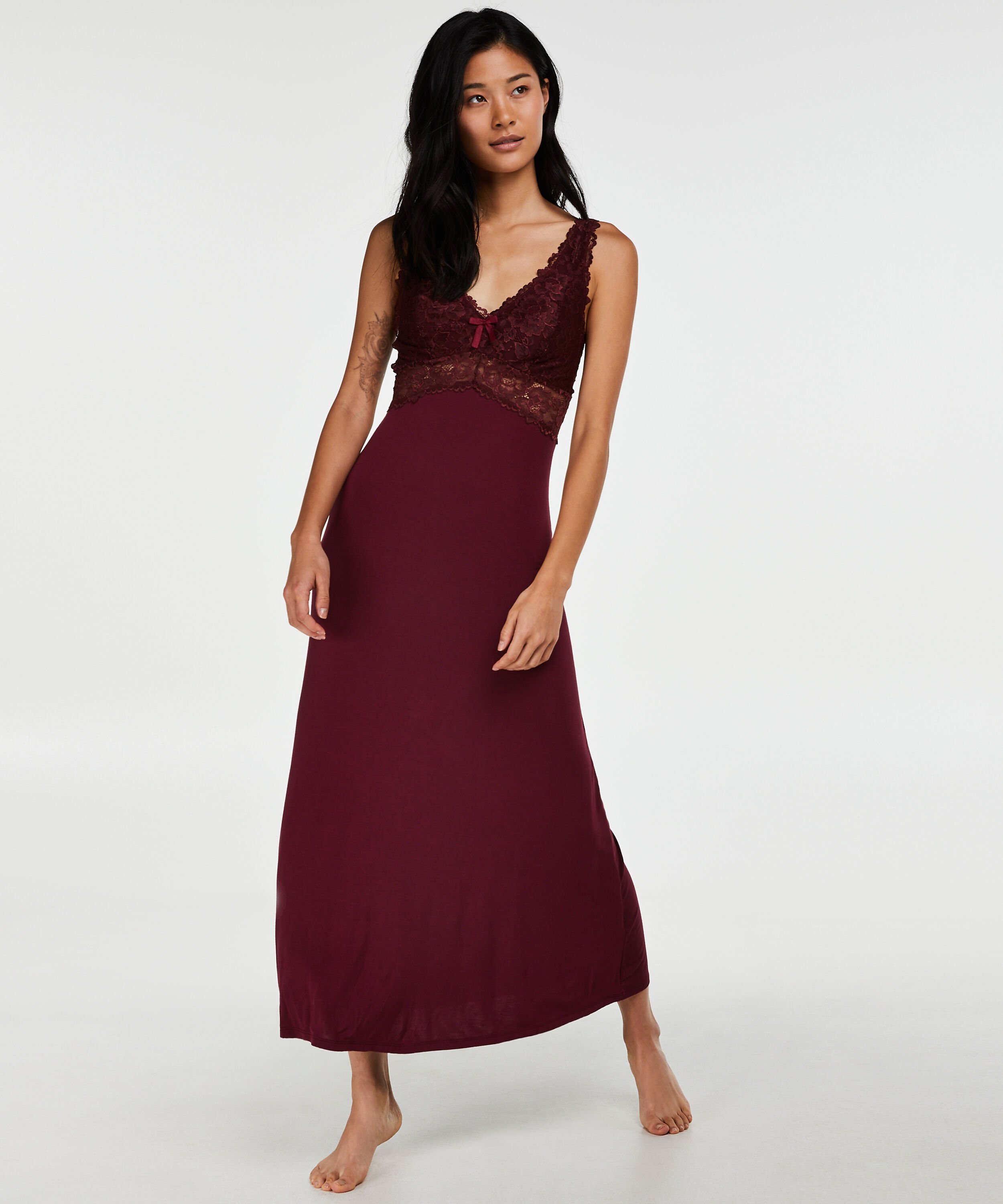 Slipdress Modal lace long, Rood Slipdress Modal lace long, Rood