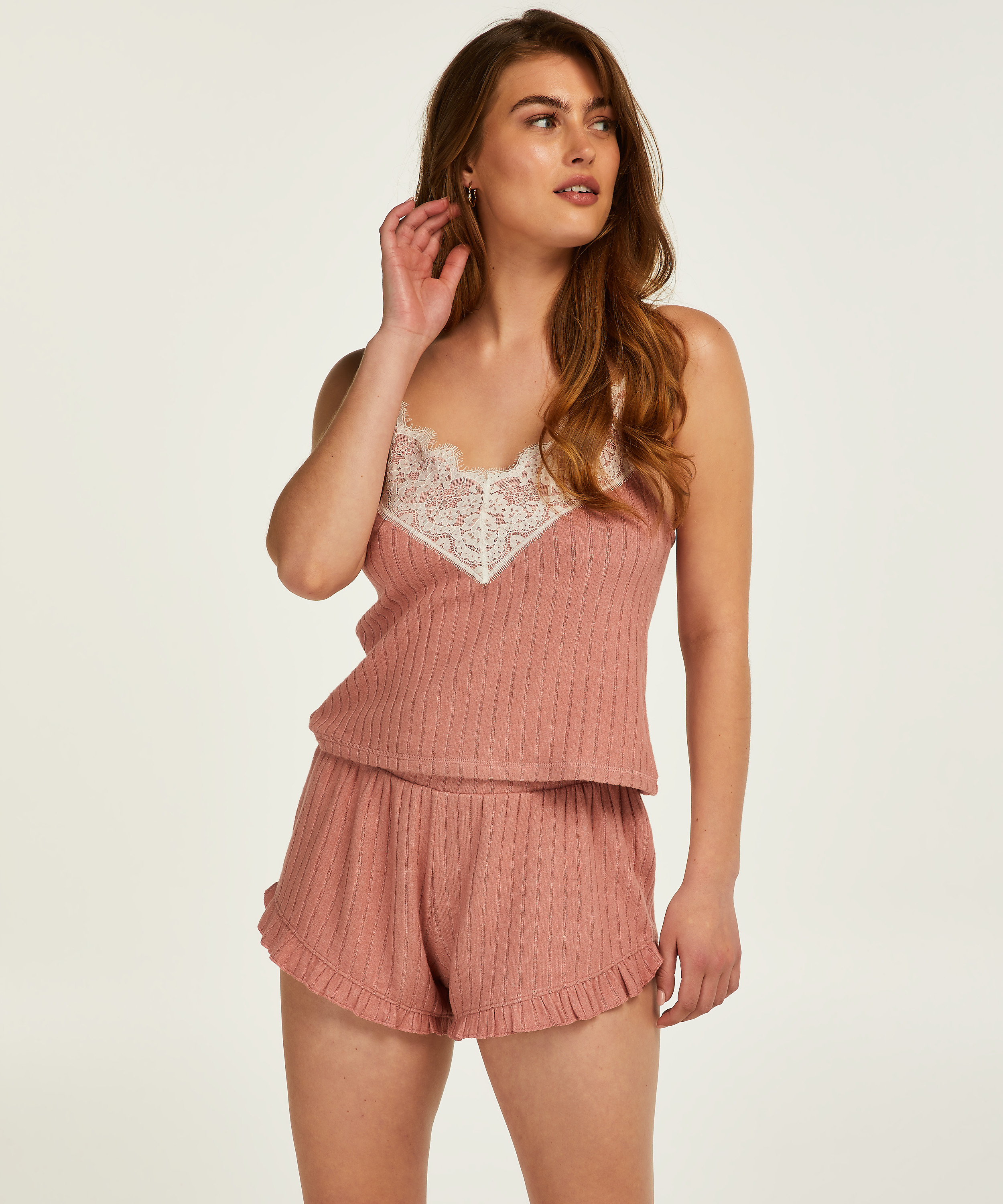 Cami top Brushed Rib Lace, Roze, main