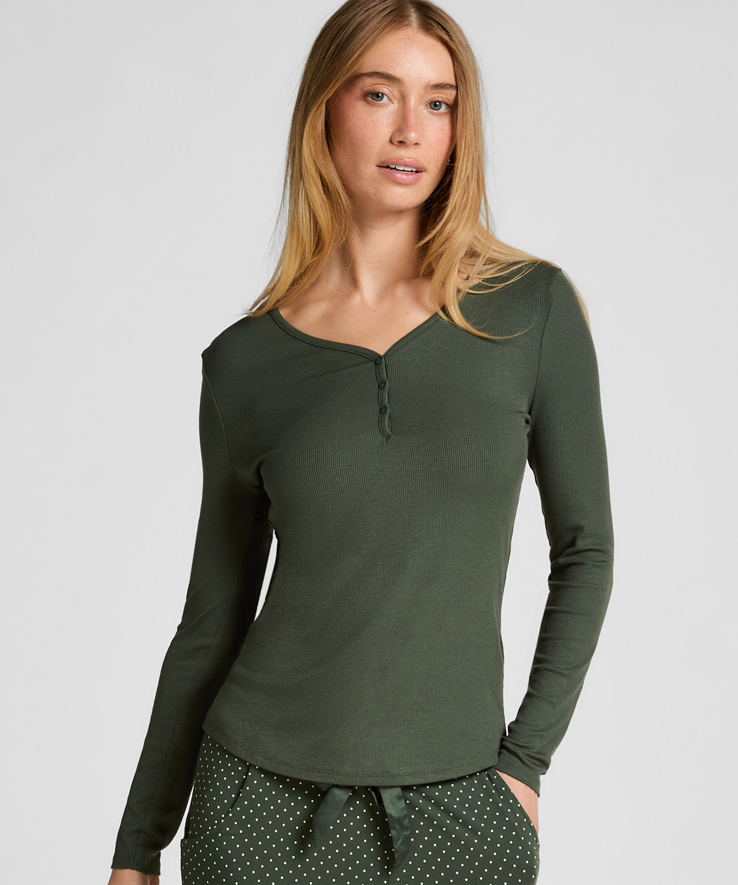 Pyjamatop met lange mouwen Henley, Groen