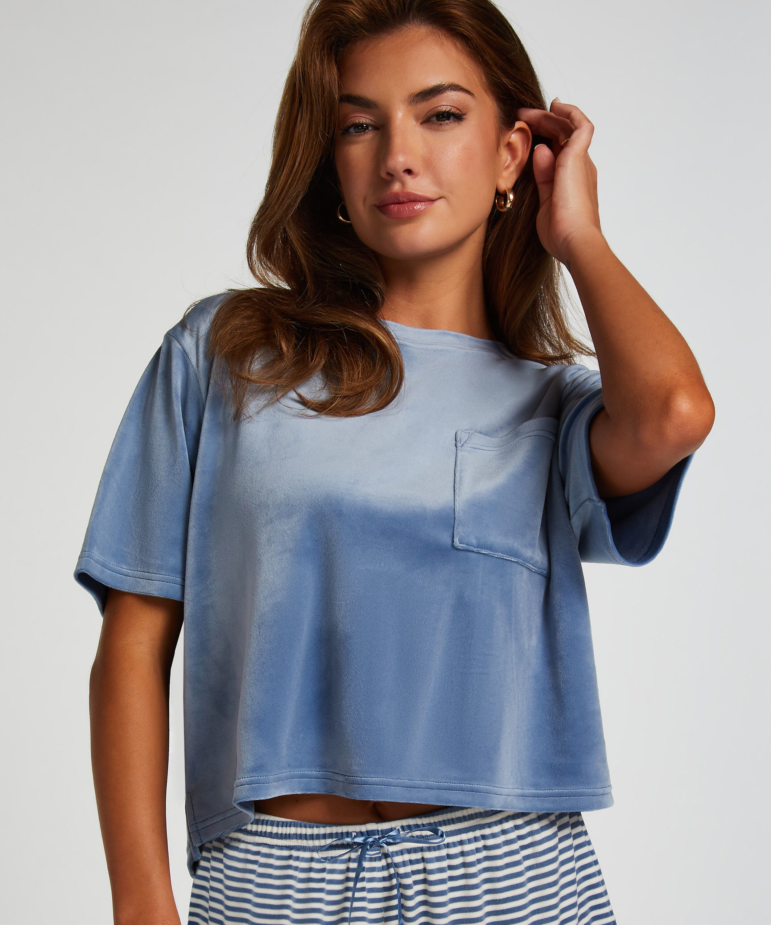 Top Velours Pocket, Blauw Top Velours Pocket, Blauw