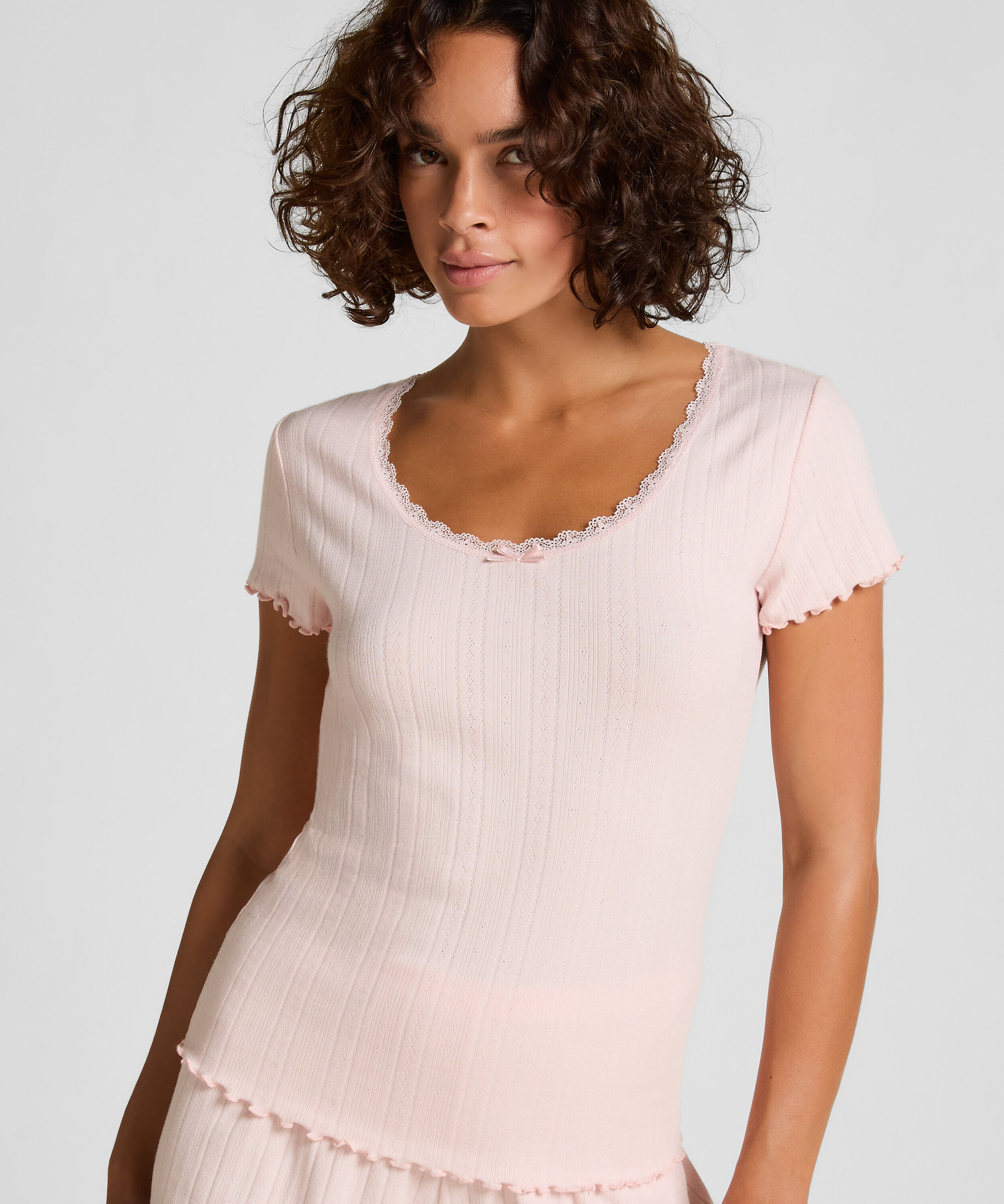 Pointelle top met kant, Roze Pointelle top met kant, Roze
