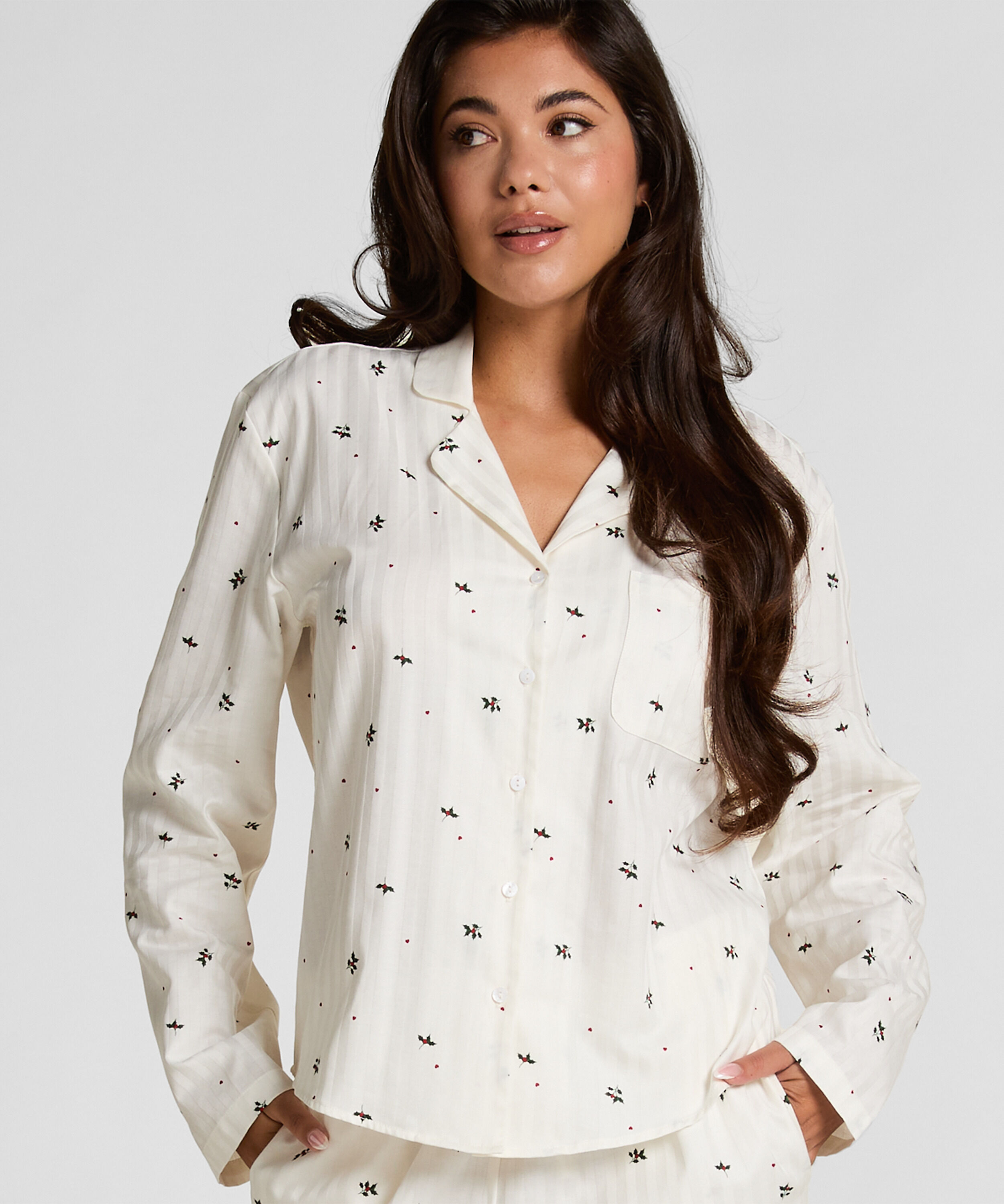 Jacquard Pyjamashirt met Lange Mouwen, Wit