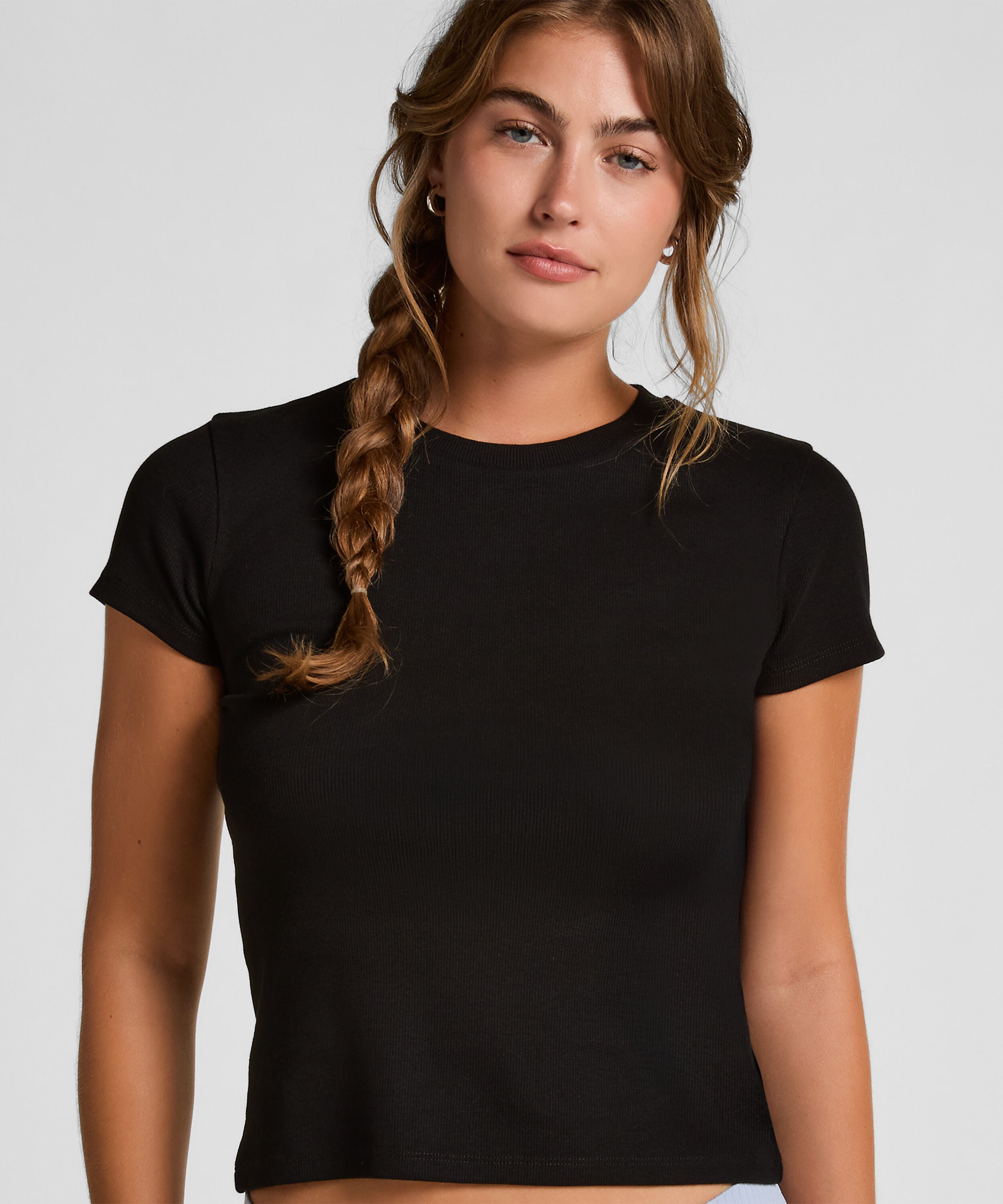 Pyjama top korte mouwen rib, Zwart