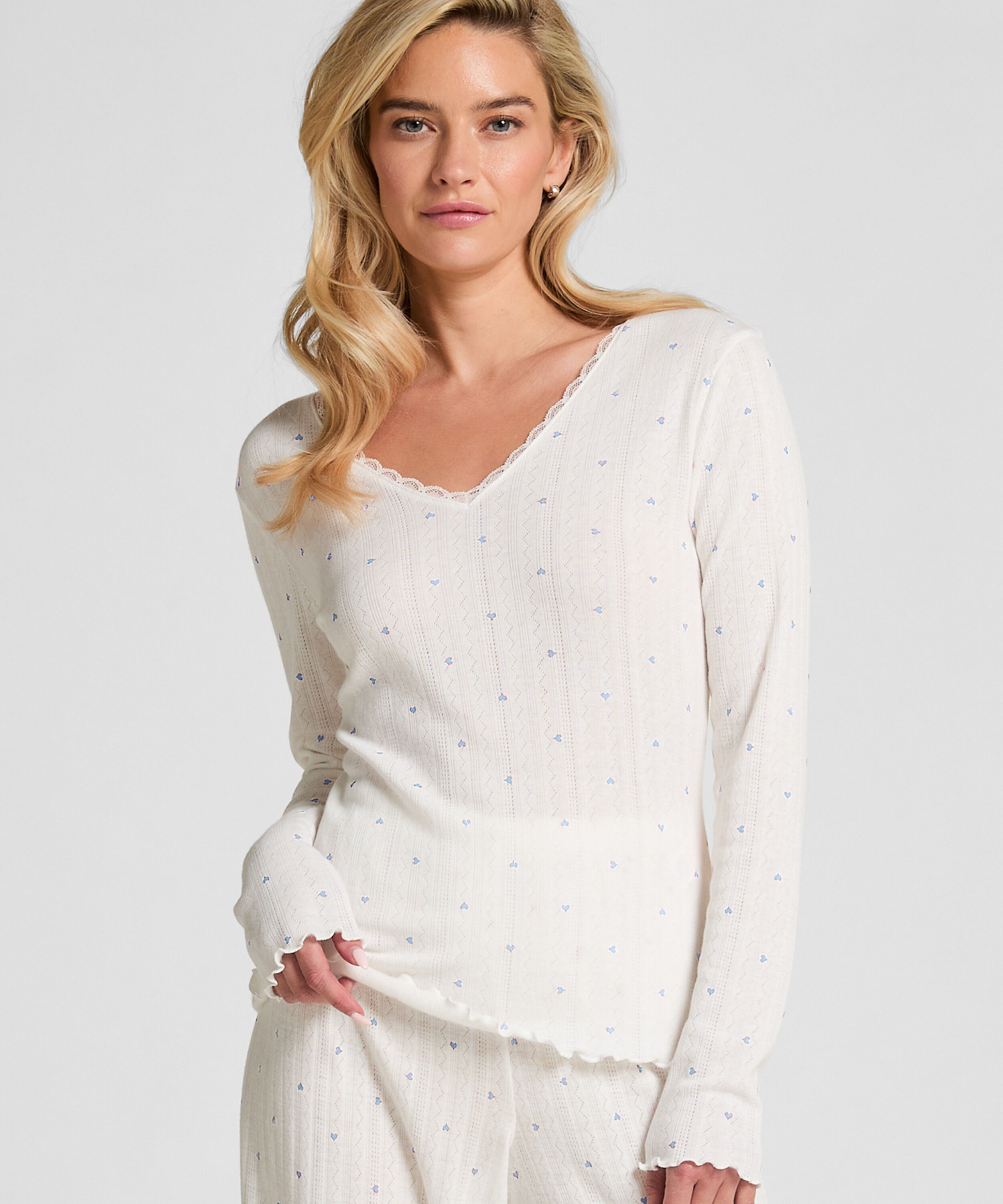 Pyjama top Pointelle, Blauw