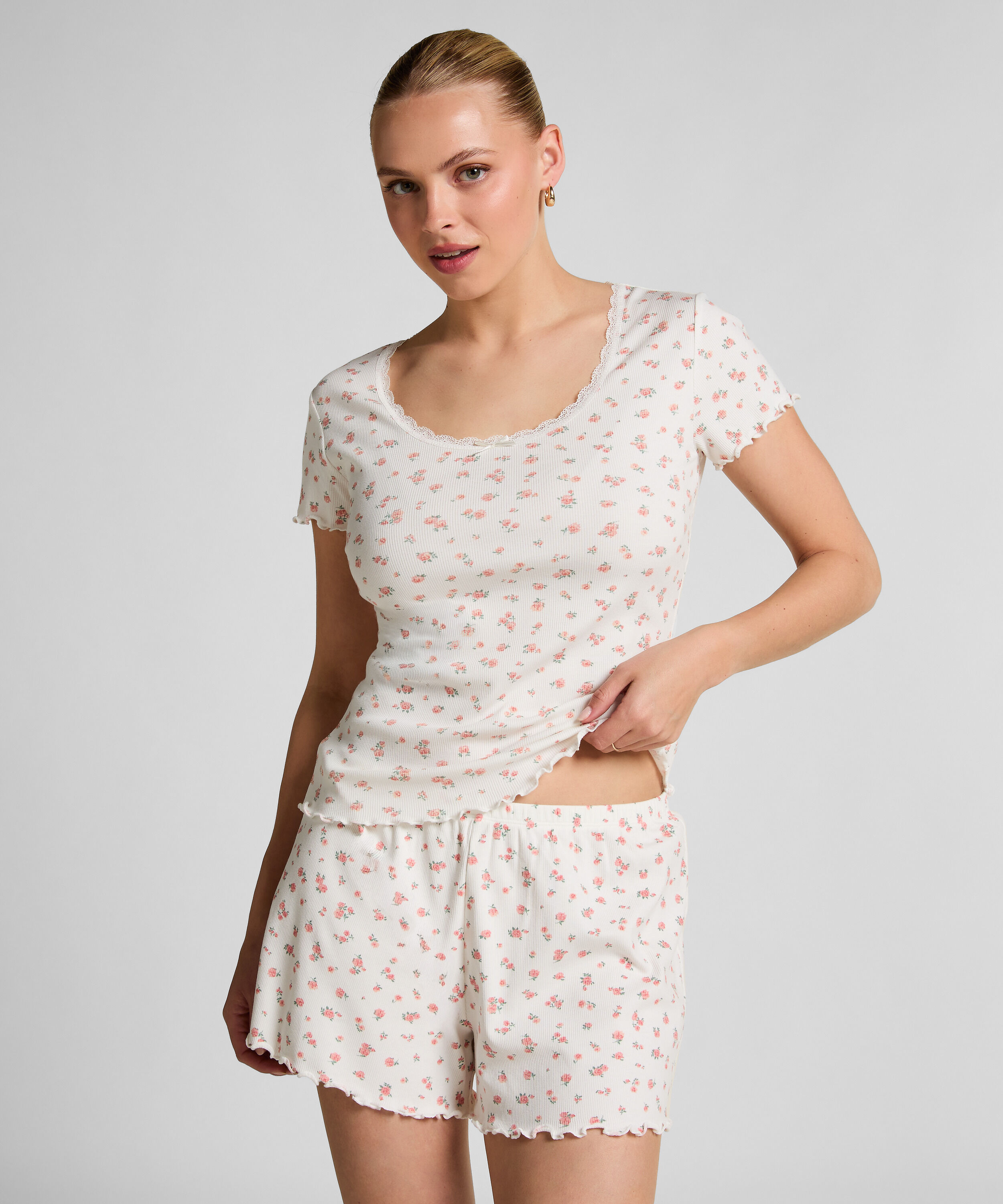 Geribde pyjamashort, Wit