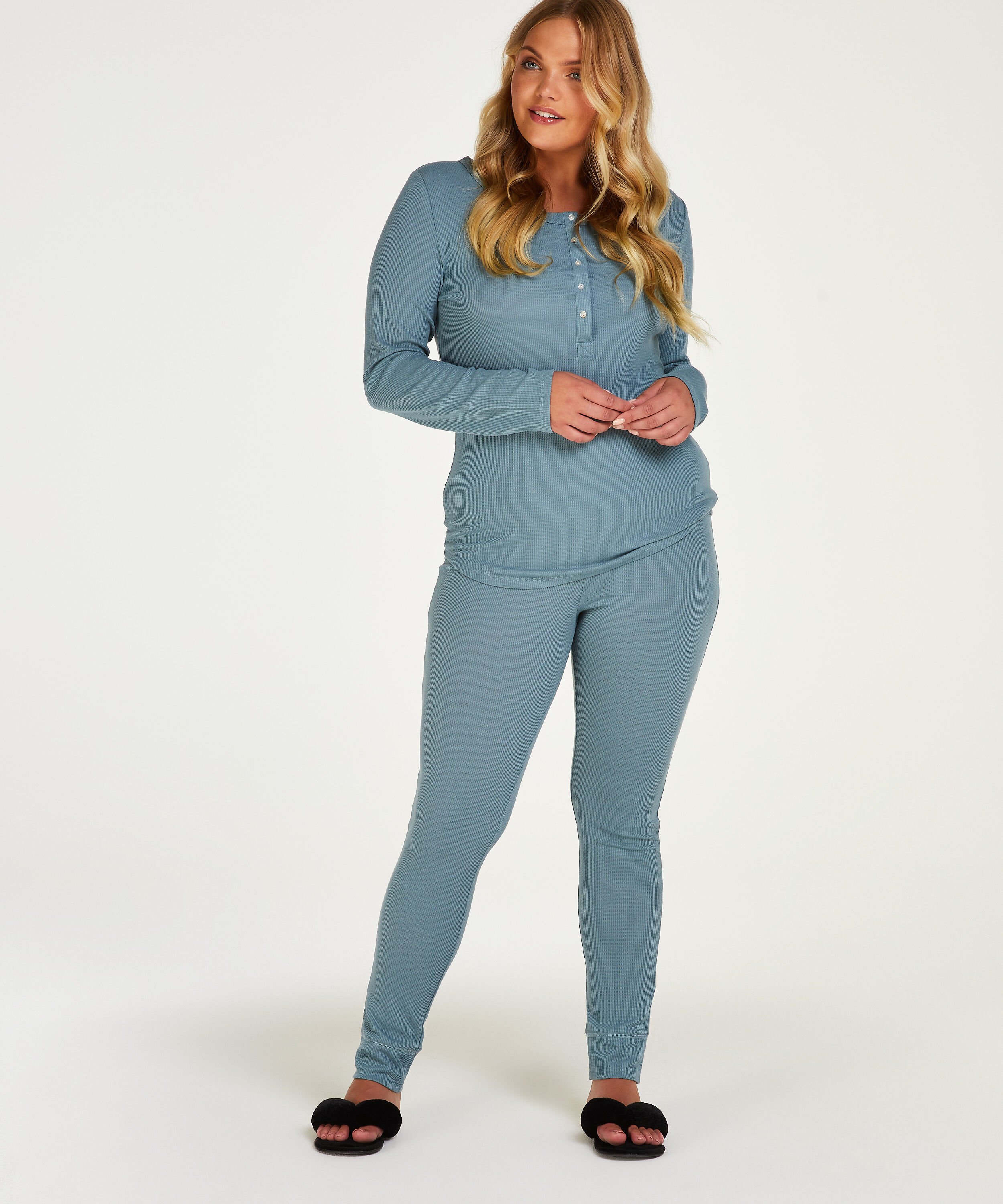 Pyjama Waffle Placket, Blauw