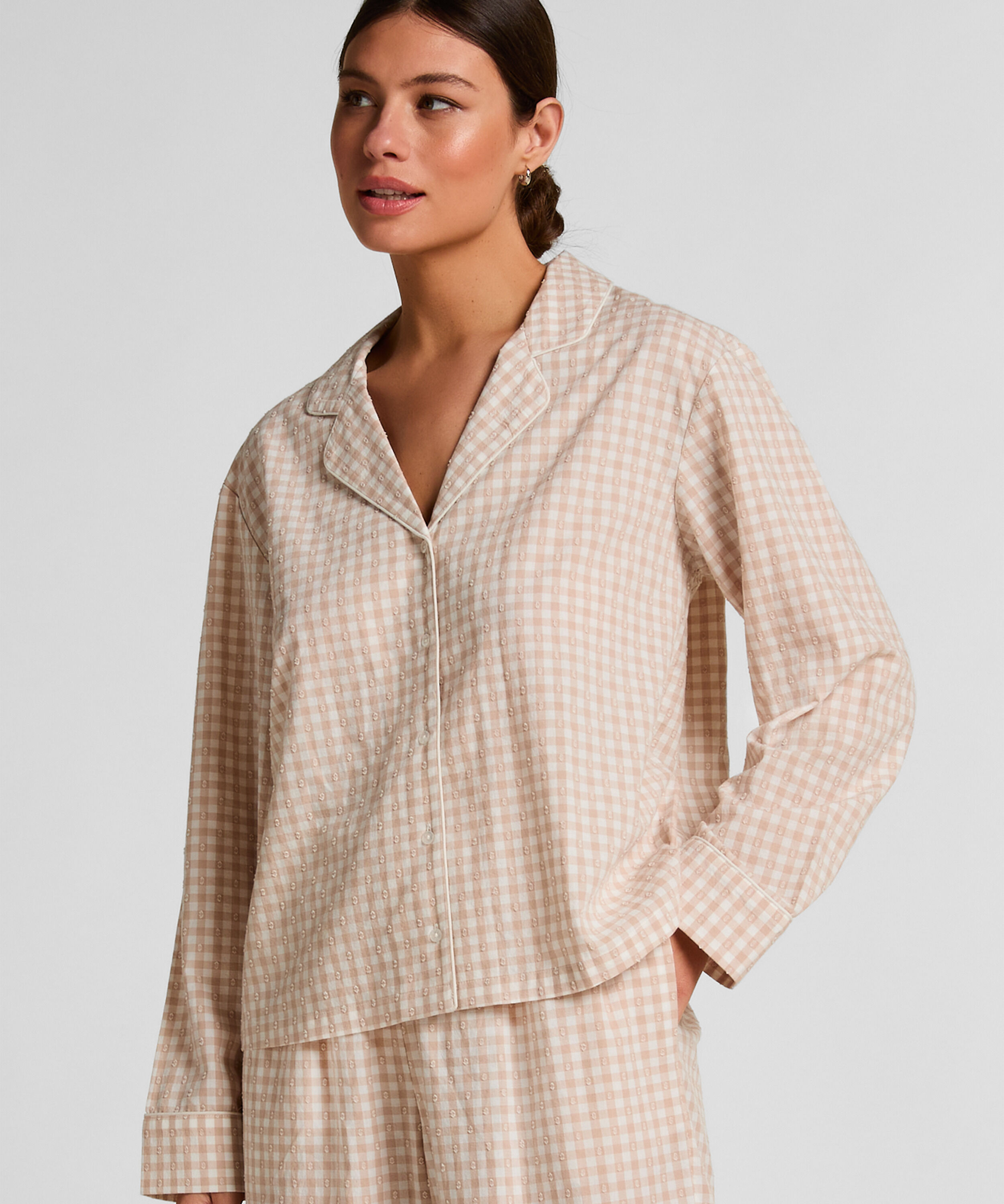 Dobby Pyjama Jasje van Geweven Katoen, Beige Dobby Pyjama Jasje van Geweven Katoen, Beige