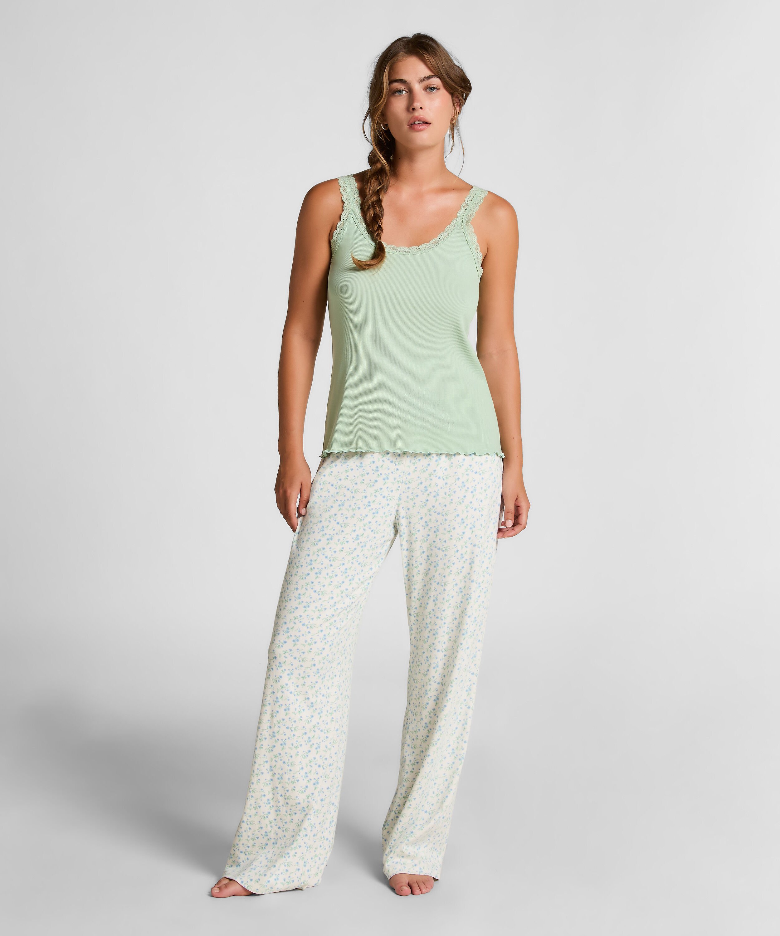 Rib Jersey Singlet met Kant, Groen Rib Jersey Singlet met Kant, Groen