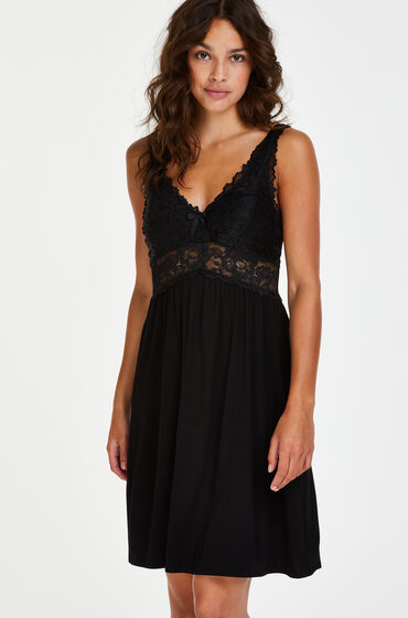 Hunkemoller Slipdress Modal Lace Zwart hunkemoller kopen in de aanbieding