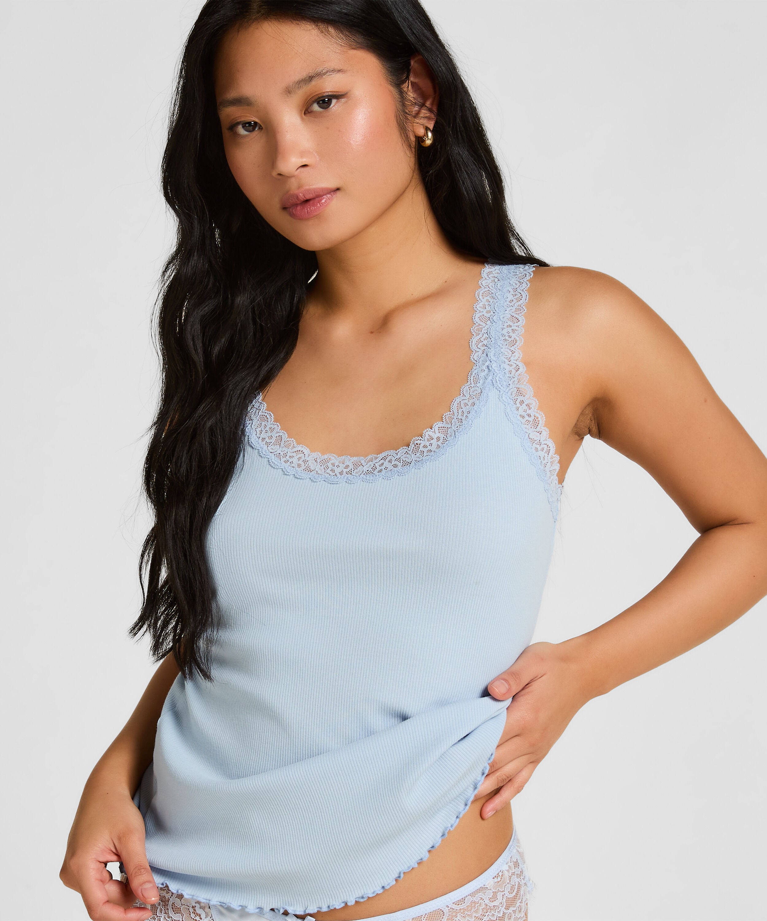 Rib Jersey Singlet met Kant, Blauw Rib Jersey Singlet met Kant, Blauw