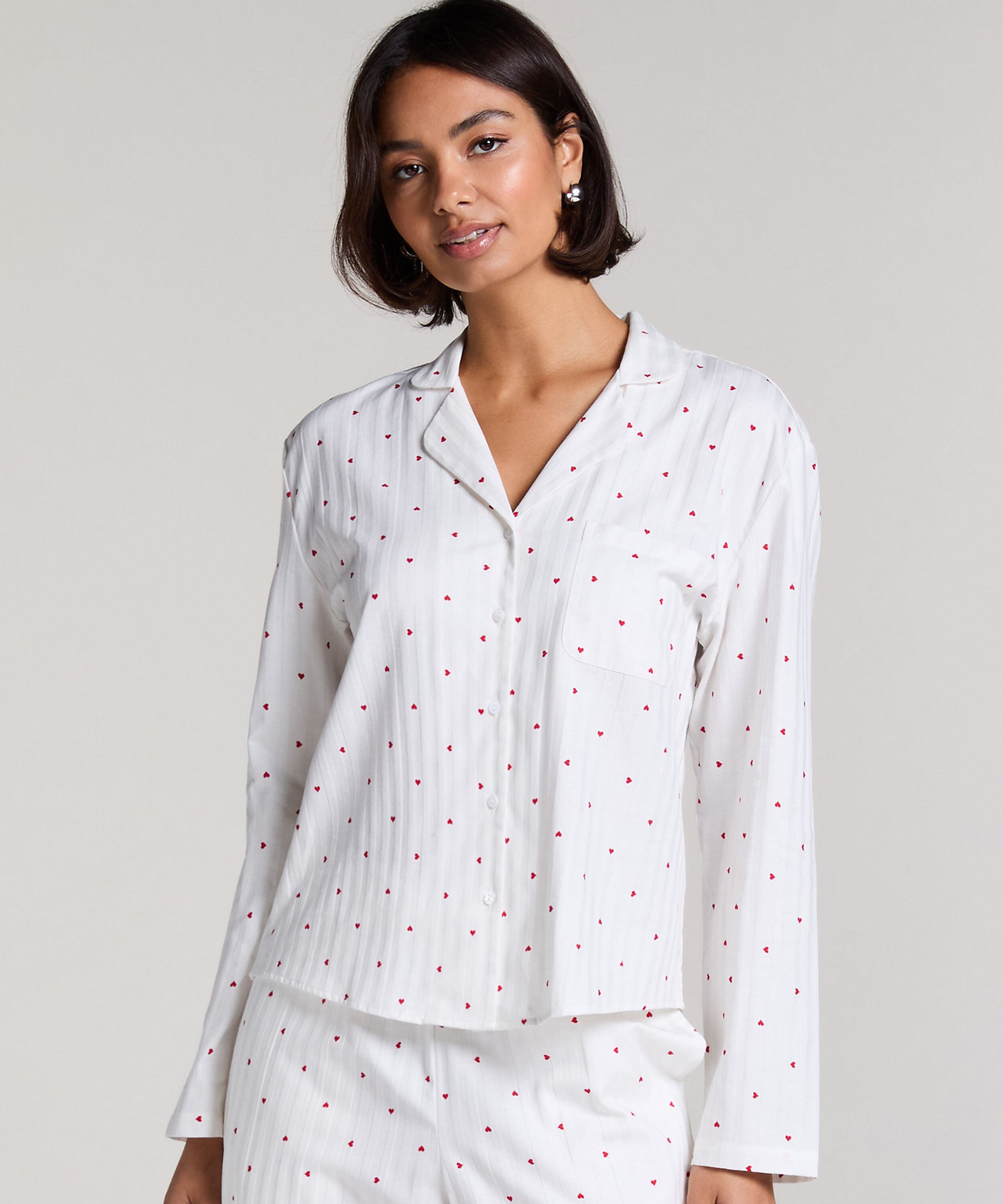Jacquard Pyjamashirt met Lange Mouwen, Wit Jacquard Pyjamashirt met Lange Mouwen, Wit