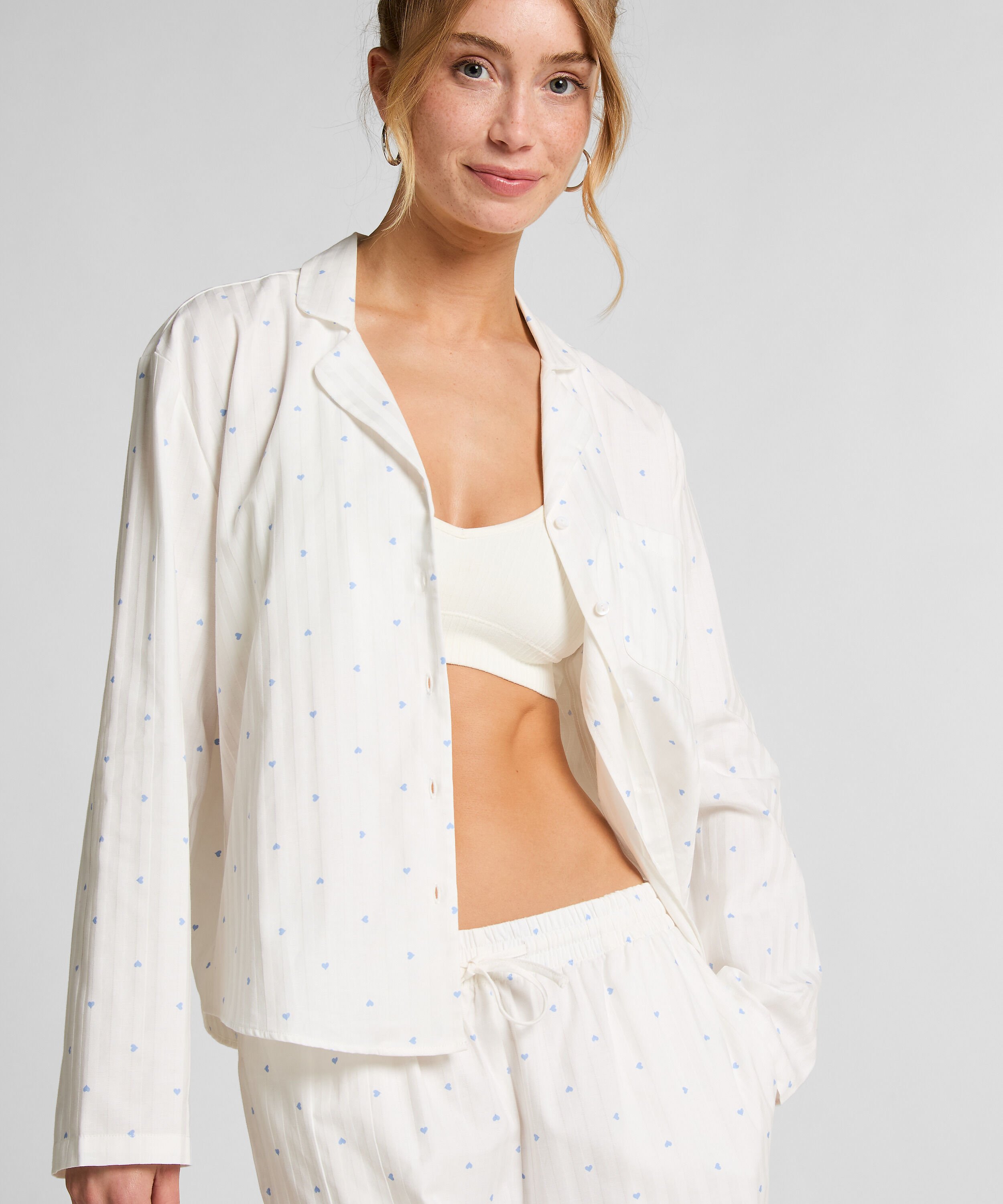 Jacquard Pyjamashirt met Lange Mouwen, Blauw Jacquard Pyjamashirt met Lange Mouwen, Blauw