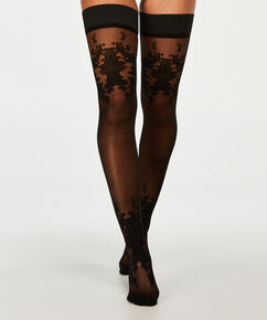 Stay-up 20 Denier Floral, Zwart