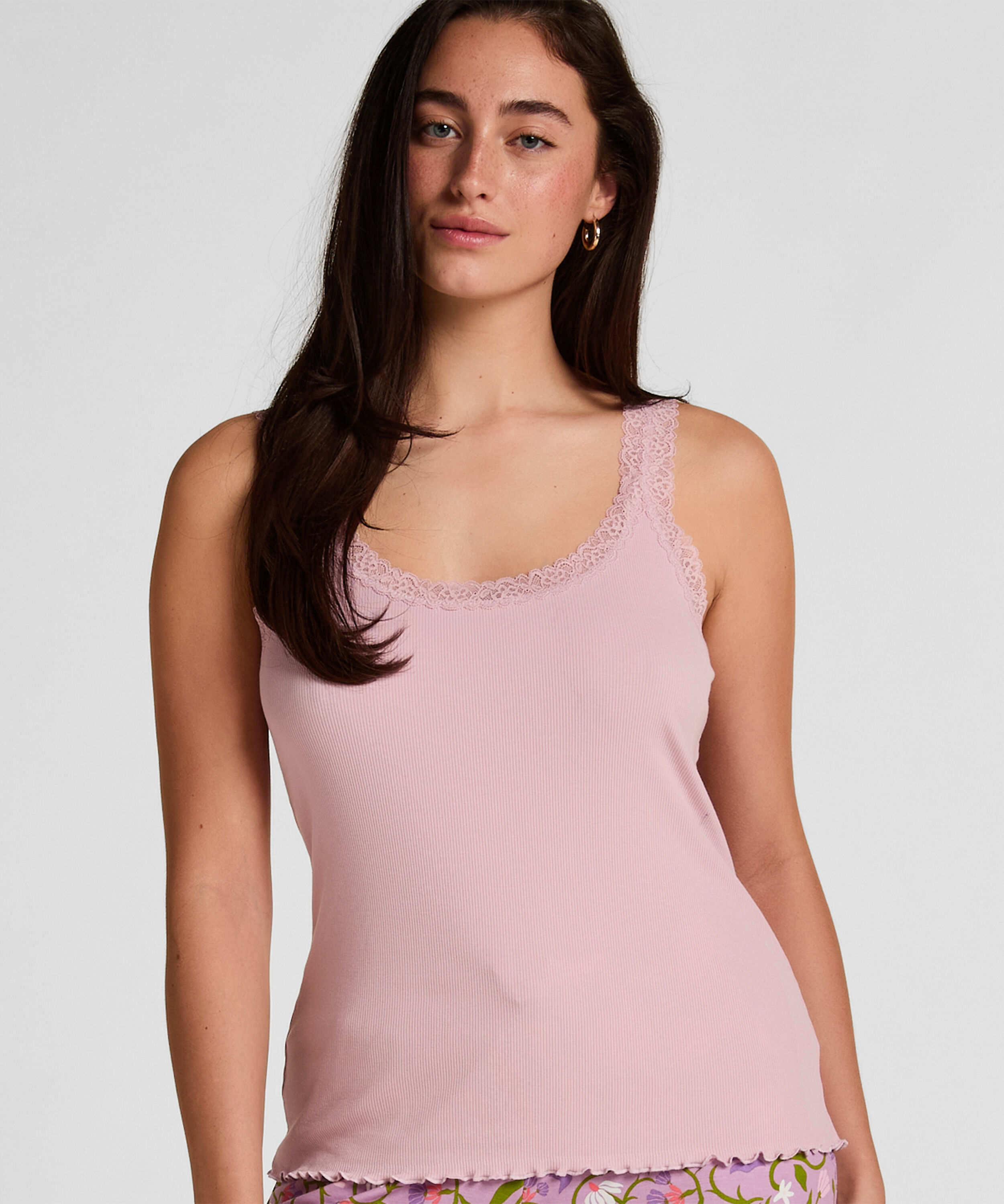 Rib Jersey Singlet met Kant, Roze Rib Jersey Singlet met Kant, Roze