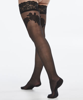 Stay-up 20 Denier Galoon Motif, Zwart