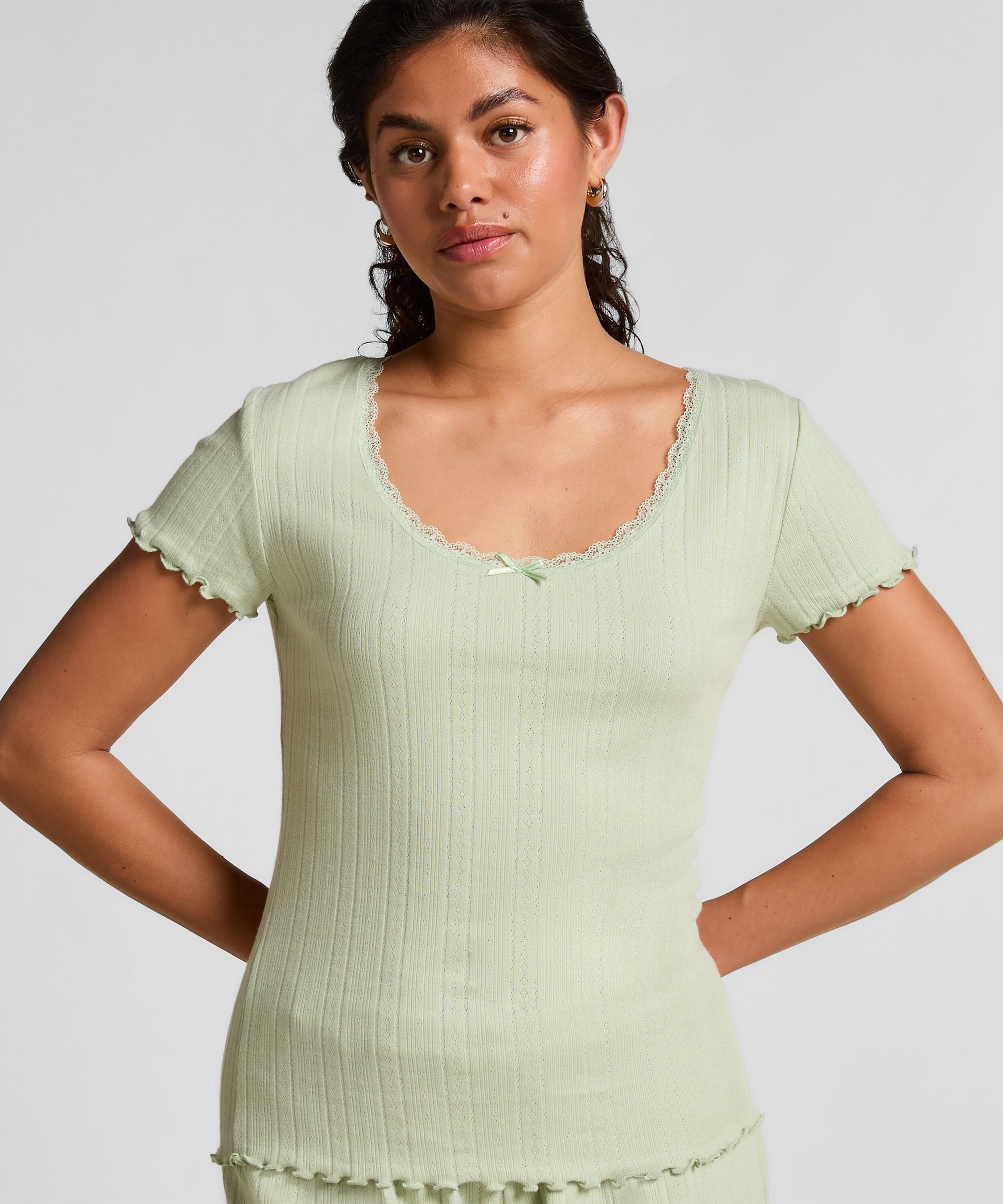 Pointelle top met kant, Groen