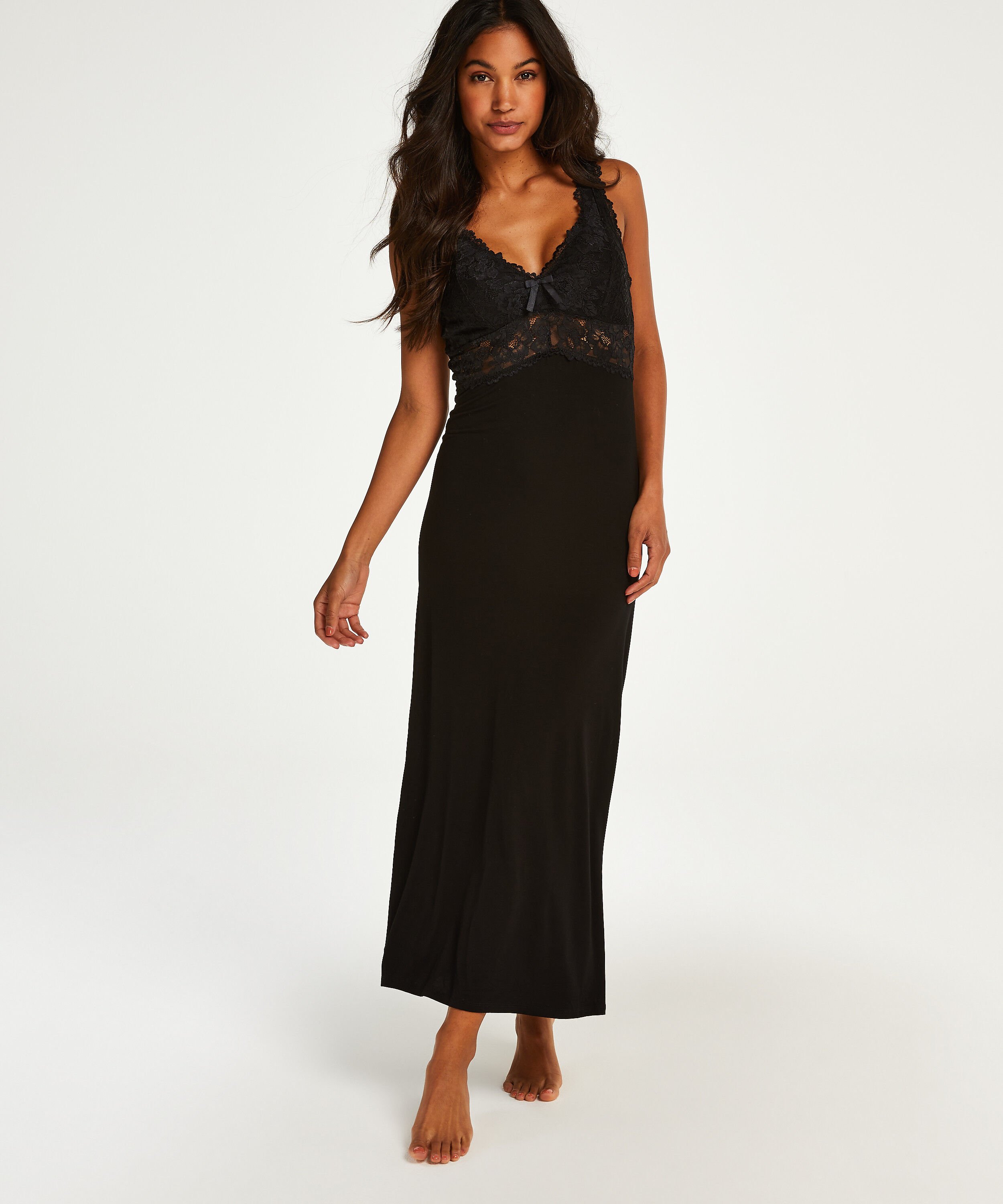 Slipdress Modal lace long, Zwart Slipdress Modal lace long, Zwart