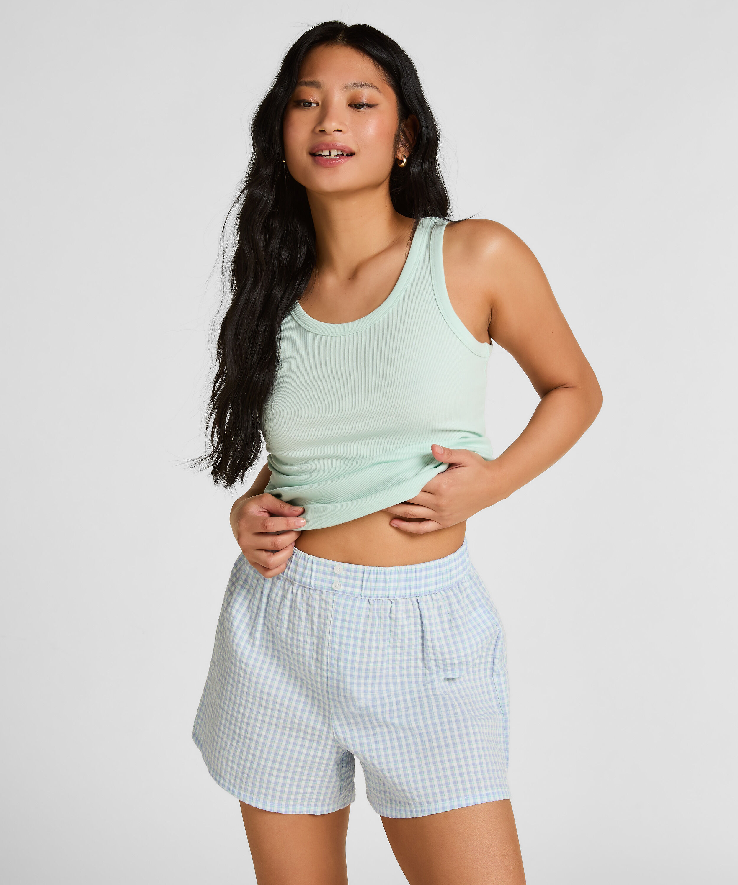 Pyjama Short Seersucker, Blauw Pyjama Short Seersucker, Blauw