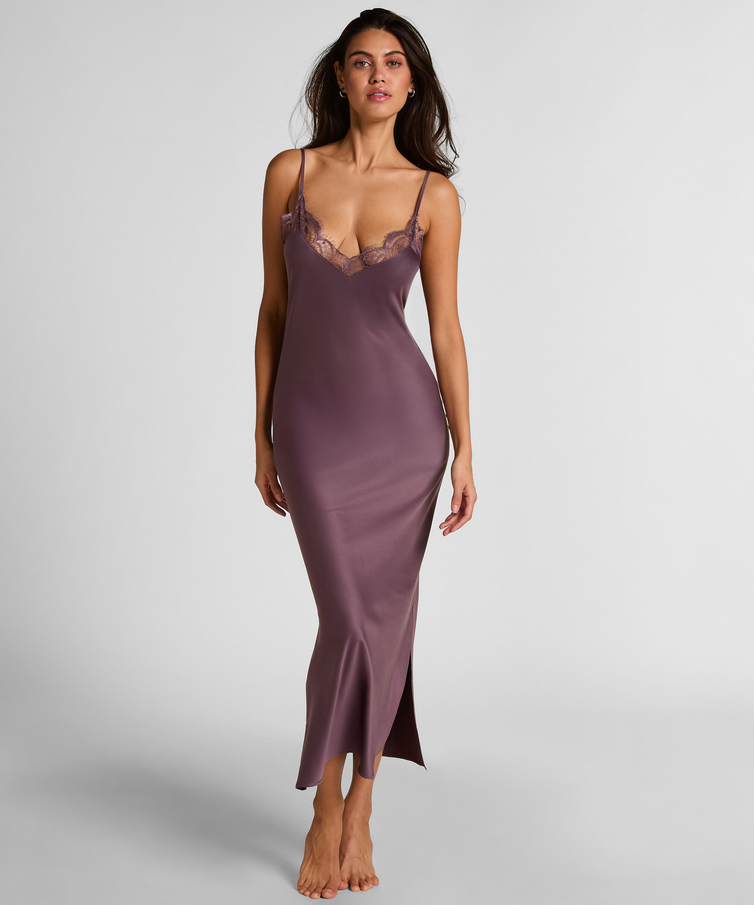 Lange satijnen slipdress, Paars