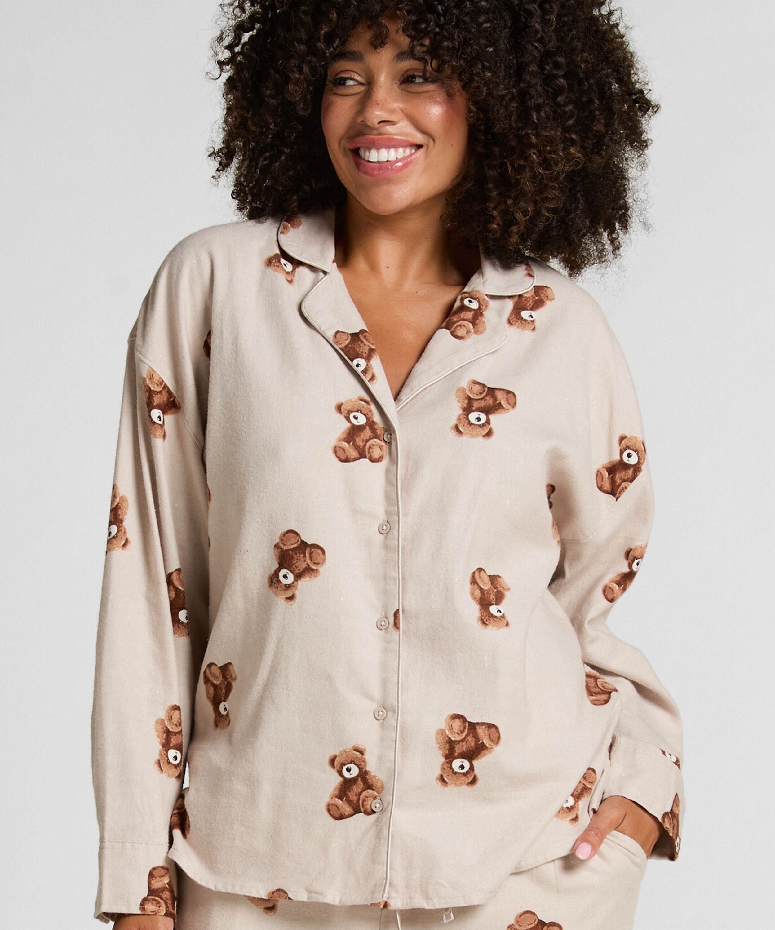 Flanellen jasje van twill met beer, Beige Flanellen jasje van twill met beer, Beige