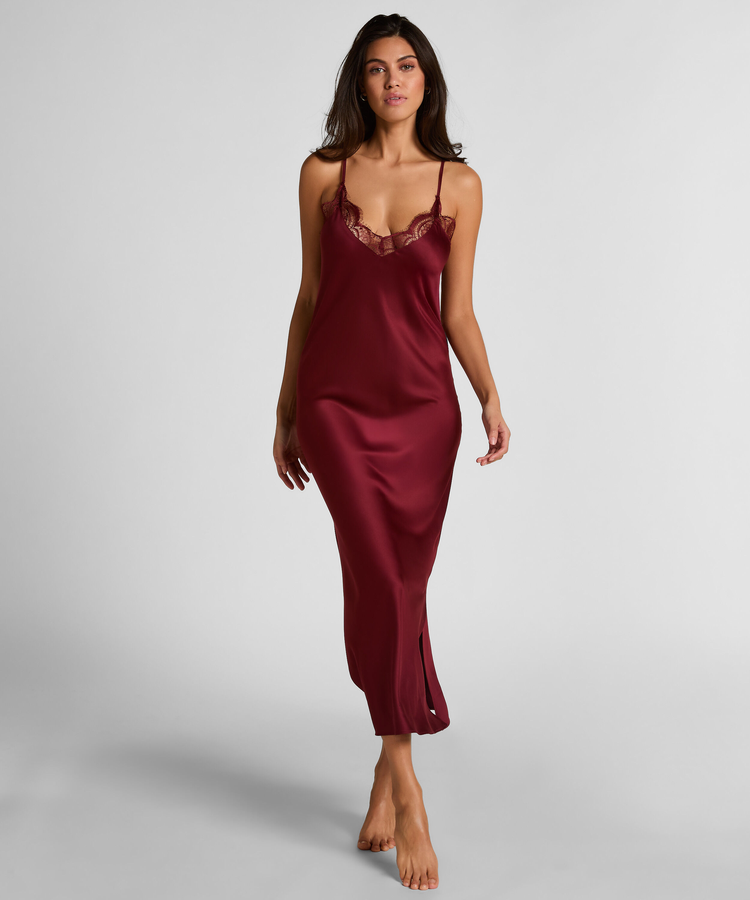 Lange satijnen slipdress, Rood