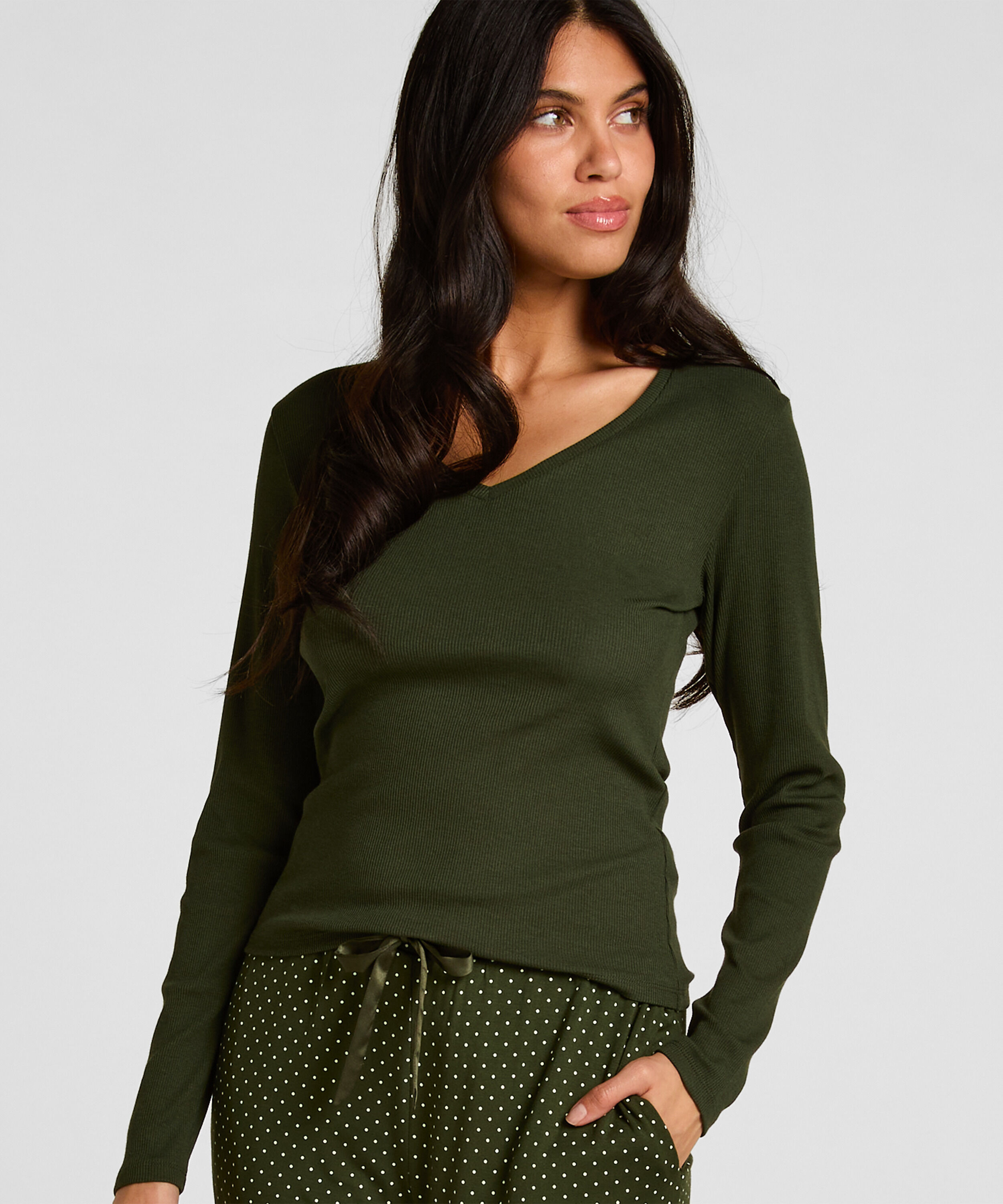 Top met lange mouwen en rib, Groen