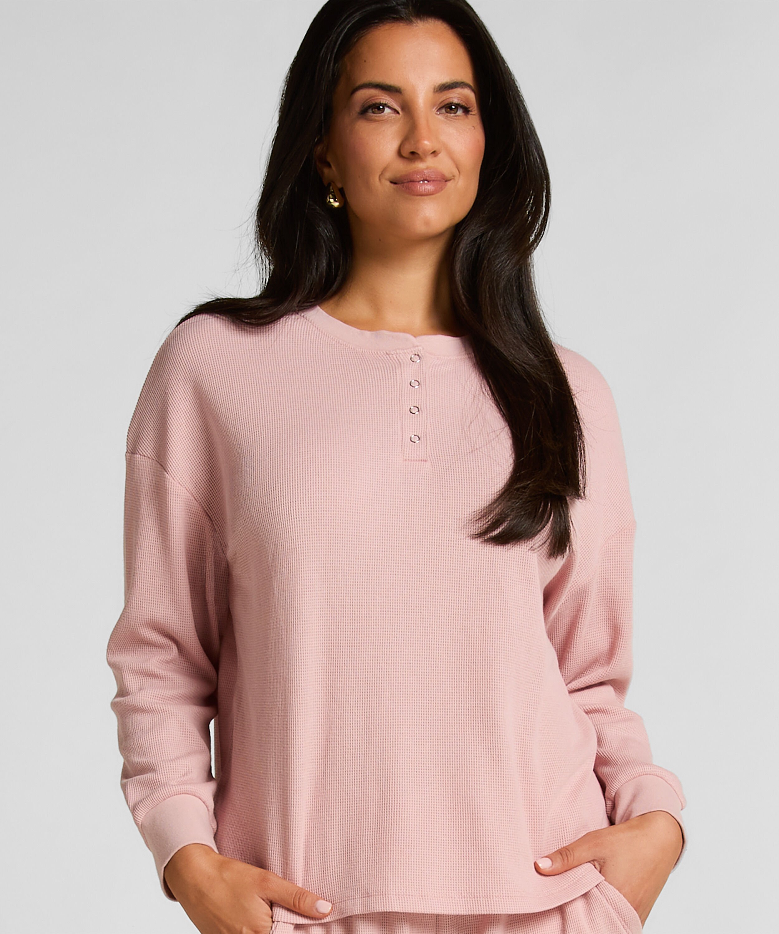 Top van wafelstof Henley, Roze Top van wafelstof Henley, Roze