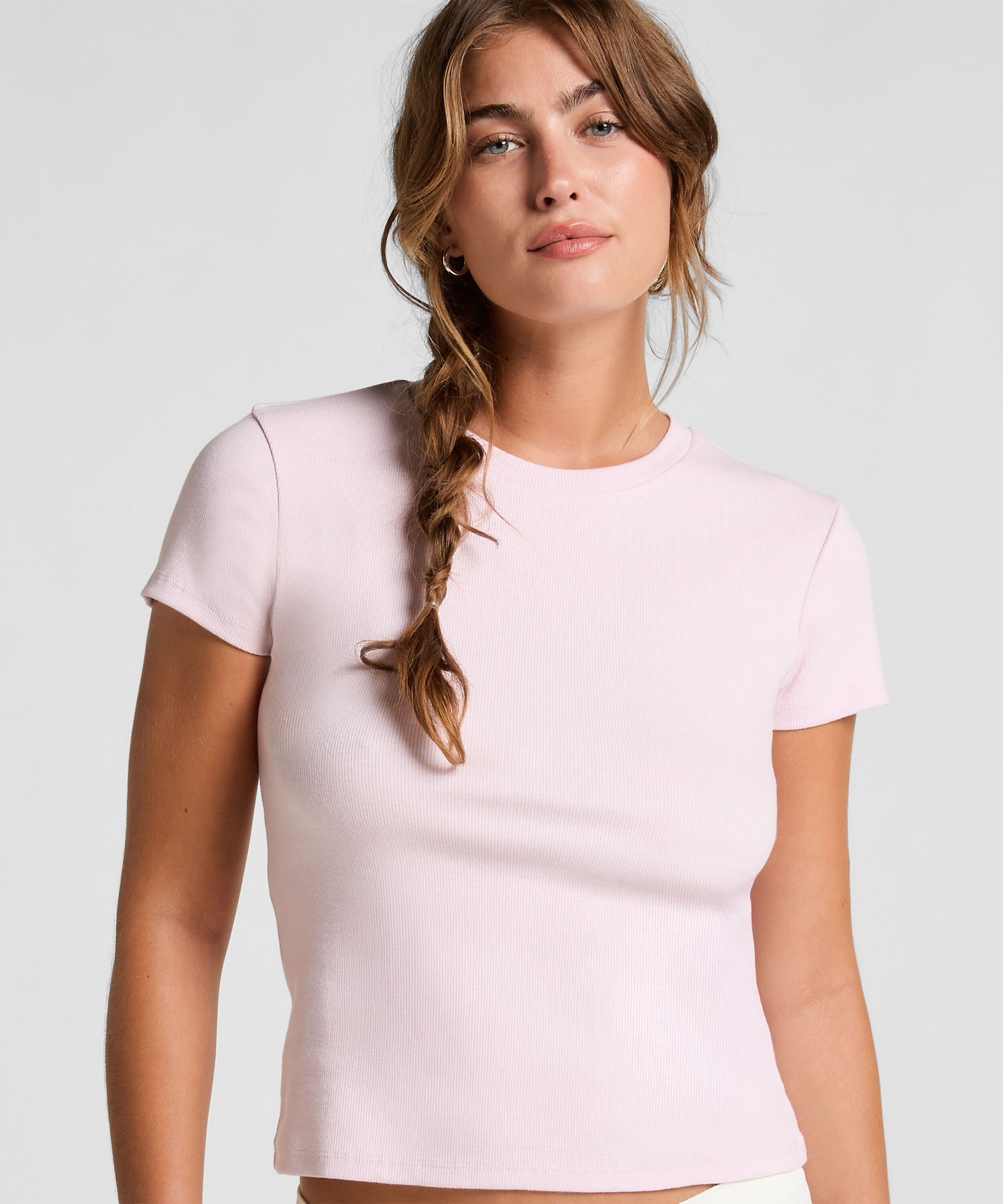 Pyjama top korte mouwen rib, Roze