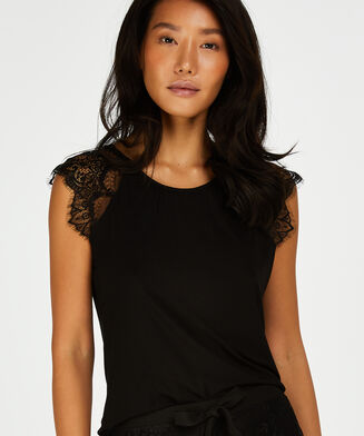 Singlet Jersey Lace, Zwart