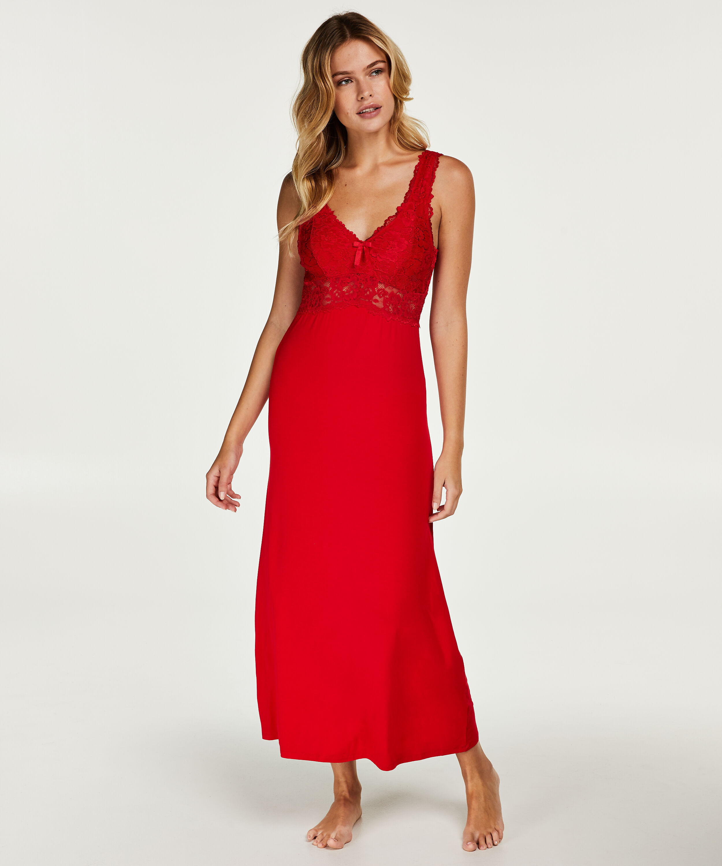 Slipdress Modal lace long, Rood Slipdress Modal lace long, Rood