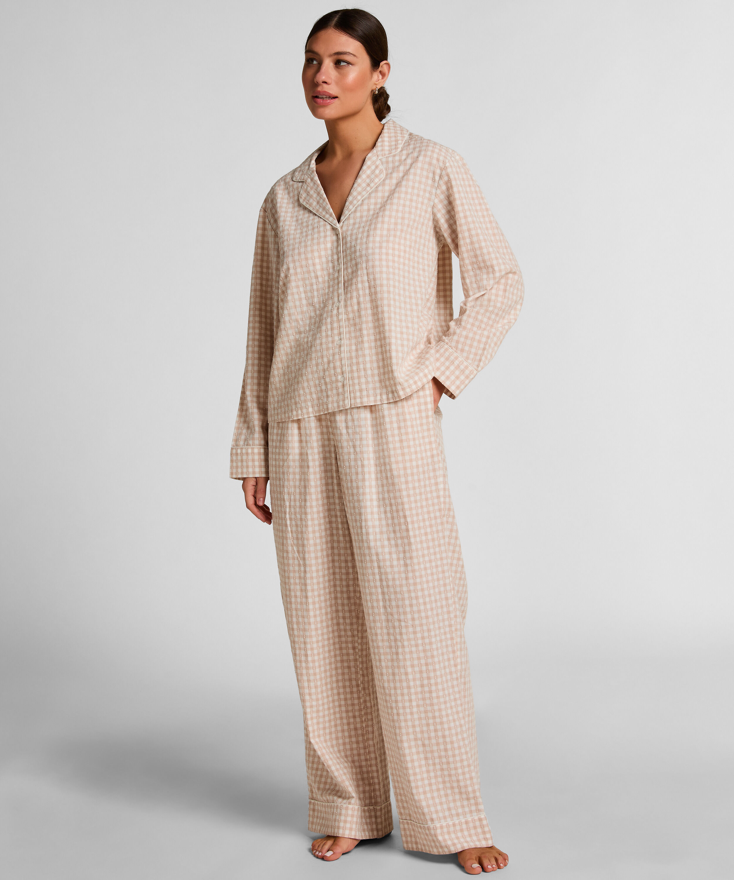 Dobby Pyjamabroek van Geweven Katoen, Beige