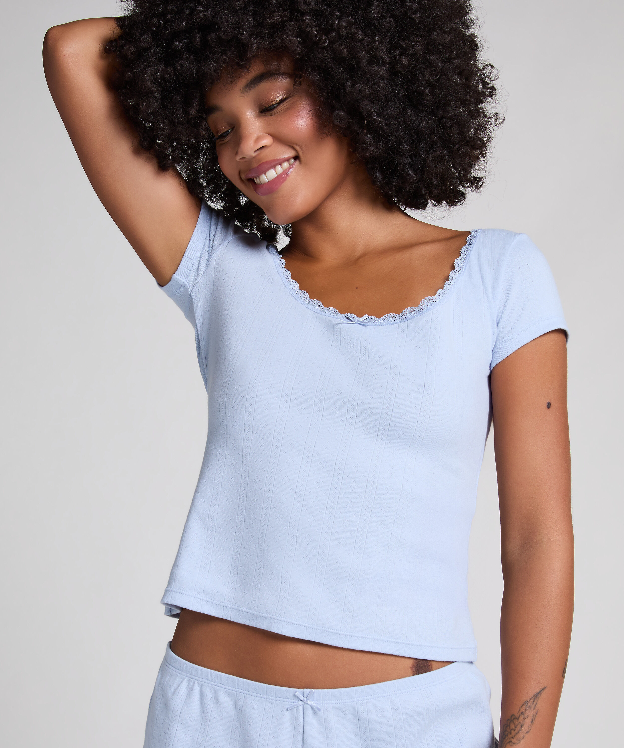 Pointelle Top, Blauw Pointelle Top, Blauw