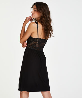 Slipdress Modal lace, Zwart