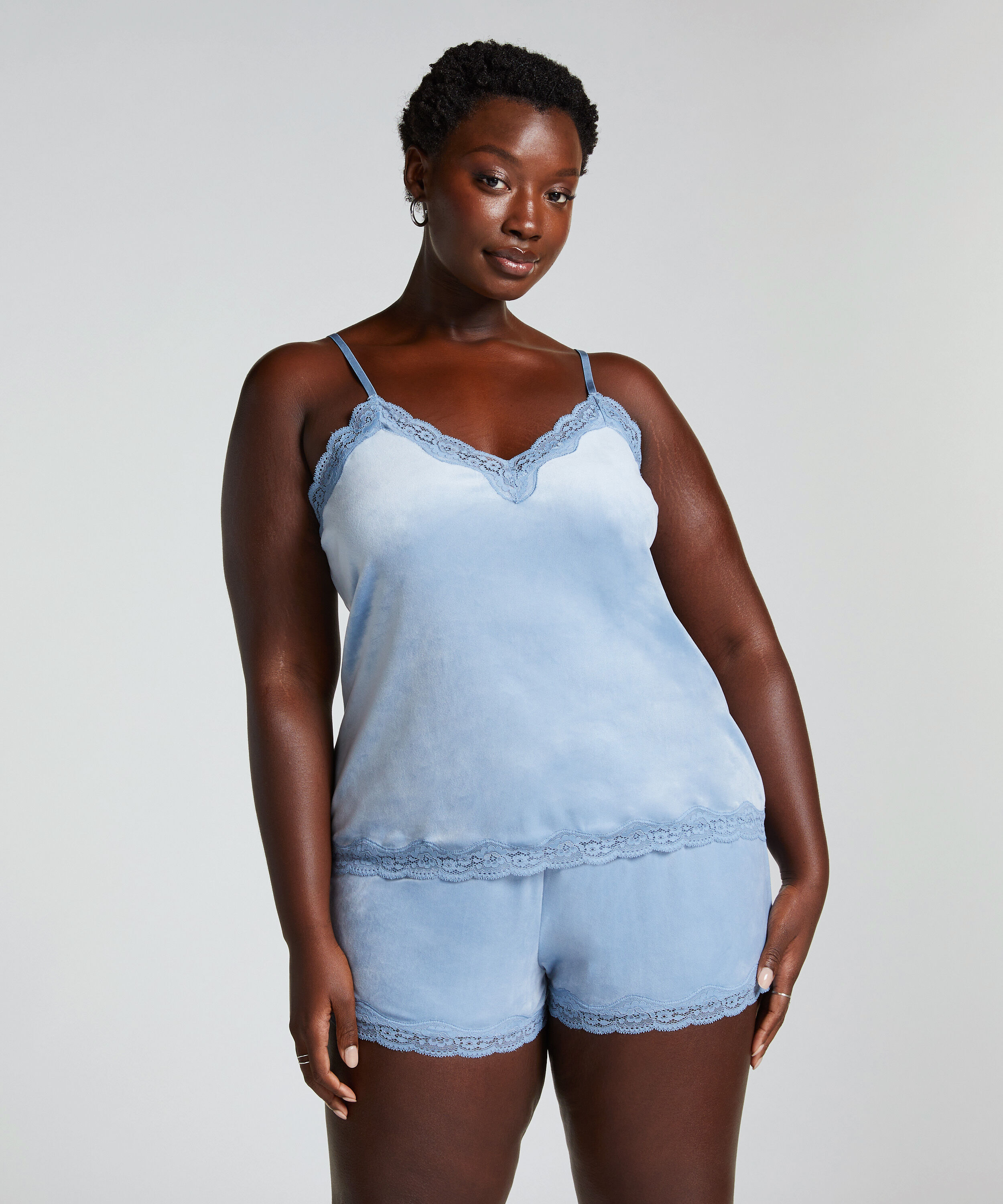 Cami top Velours Lace - Blauw - Pyjama tops voor dames - Hunkemöller