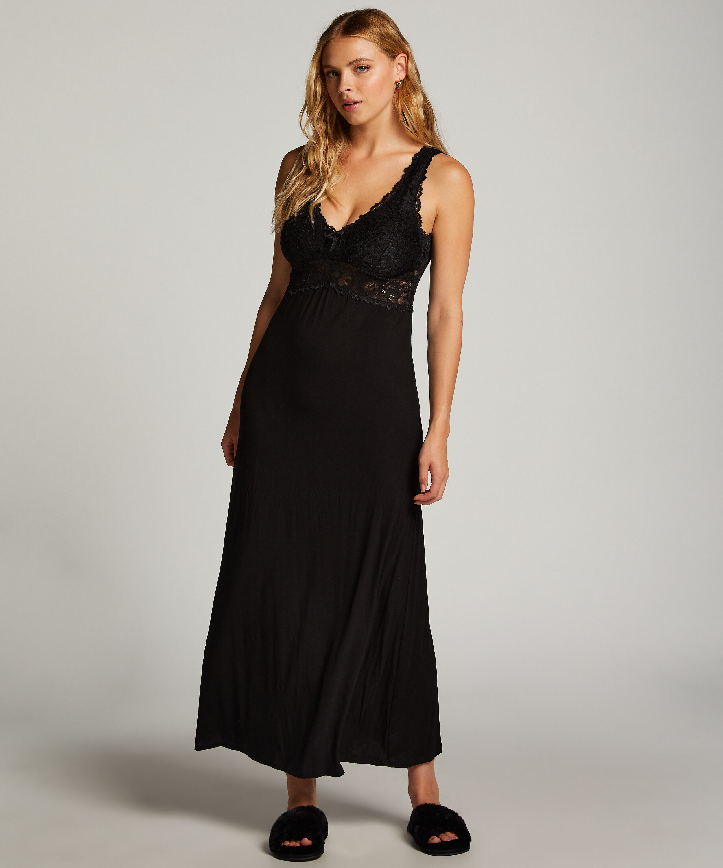 Slipdress Nora Lace Long, Zwart