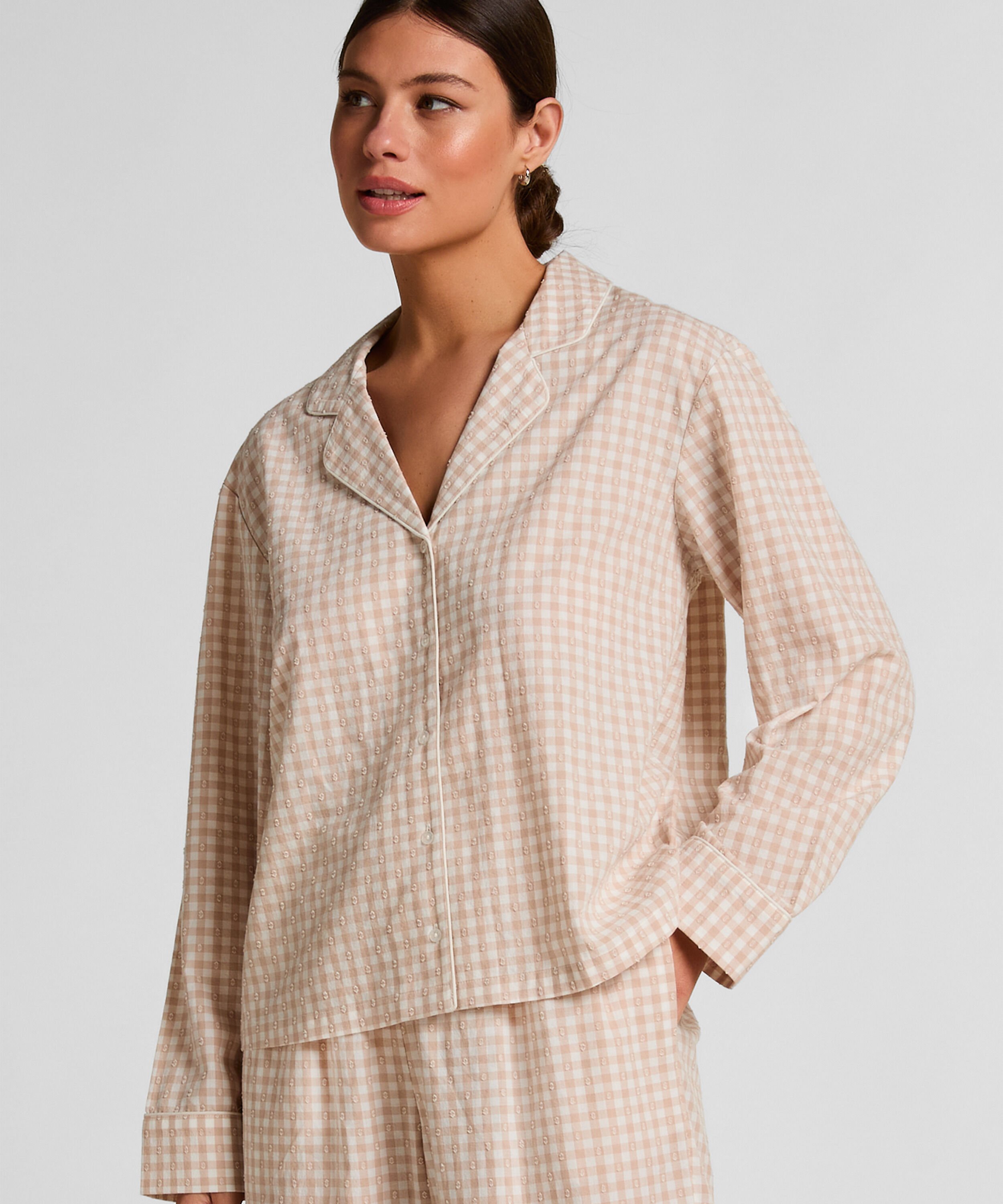 Dobby Pyjama Jasje van Geweven Katoen, Beige