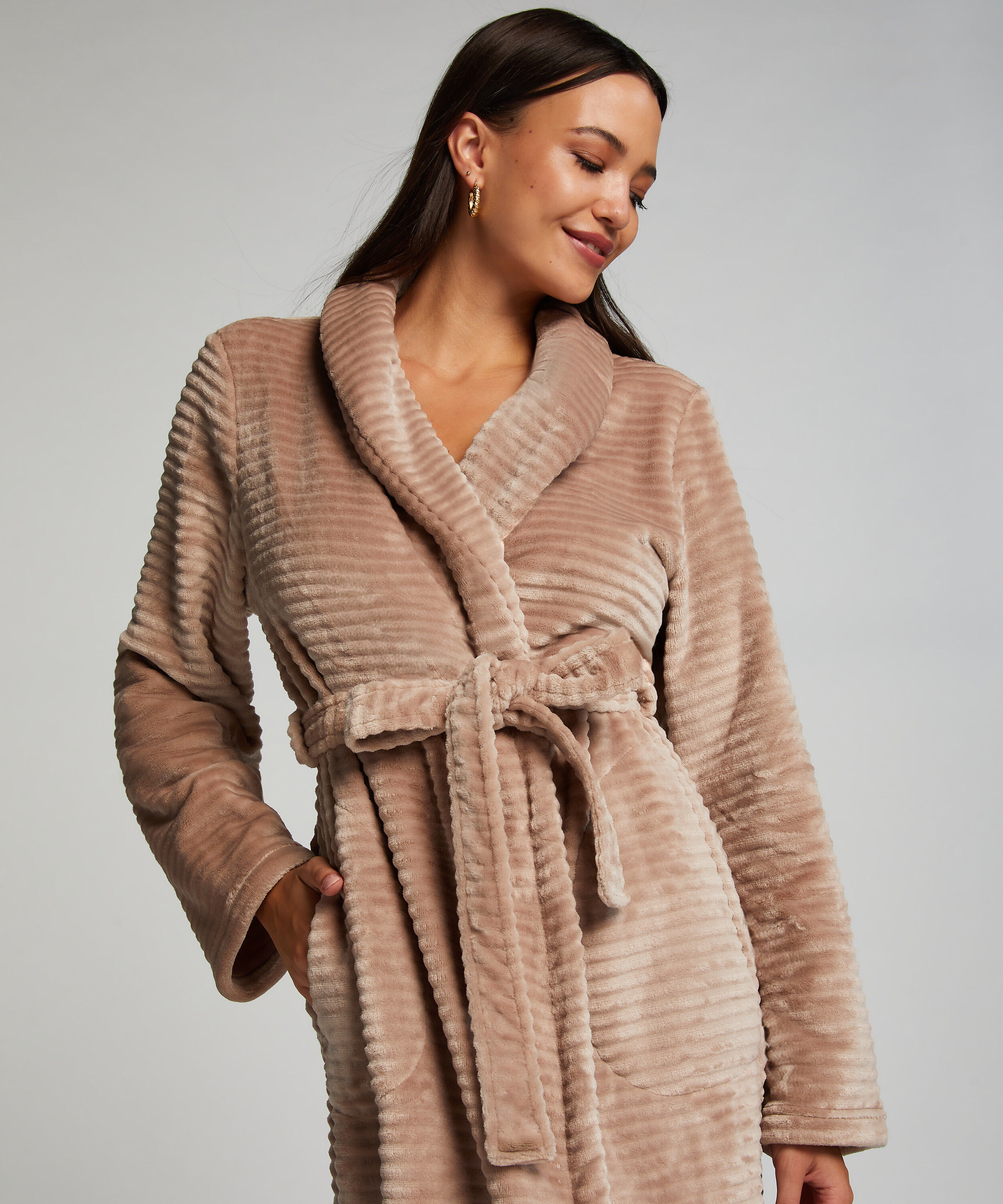 Lange badjas Fleece rib, Beige Lange badjas Fleece rib, Beige